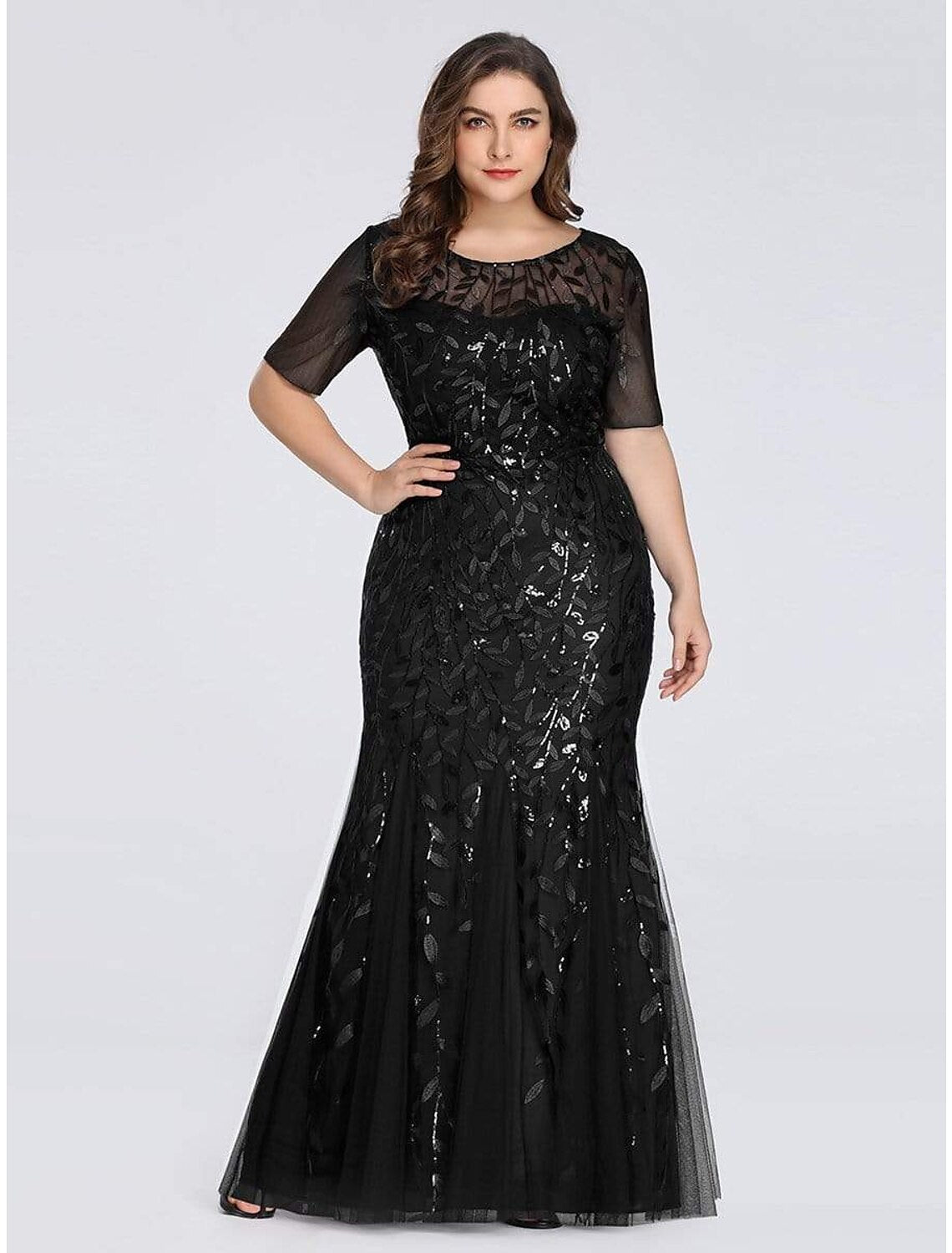 wholesa Mermaid / Trumpet Empire Elegant Party Wear Formal Evening Dress Jewel Neck Short Sleeve Floor Length Tulle with Embroidery / Illusion Sleeve