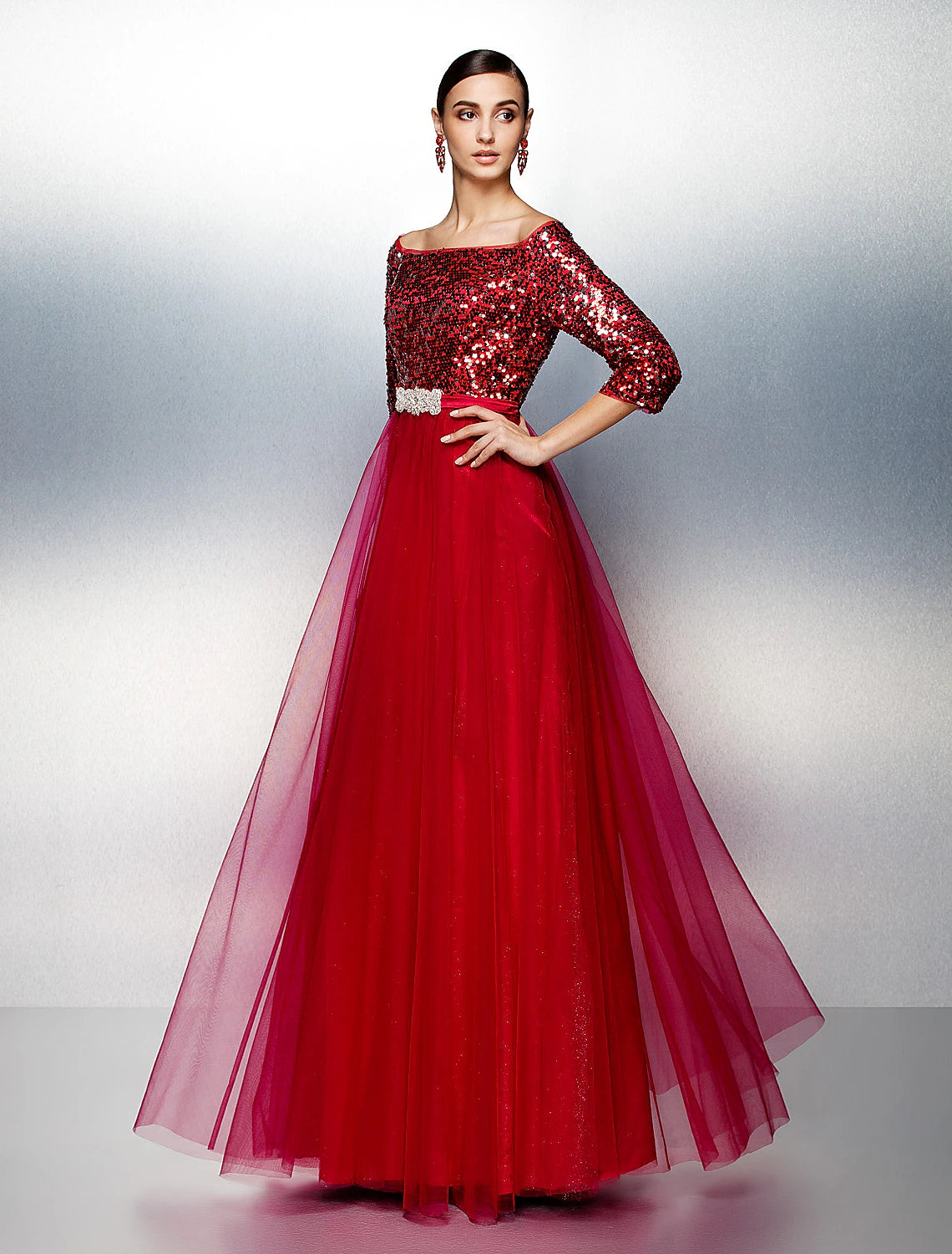 Wholesa A-Line Bateau Neck / Boat Neck Floor Length Tulle / Sequined Sparkle & Shine / Beaded & Sequin Prom / Formal Evening Dress with Sash / Ribbon / Sequin