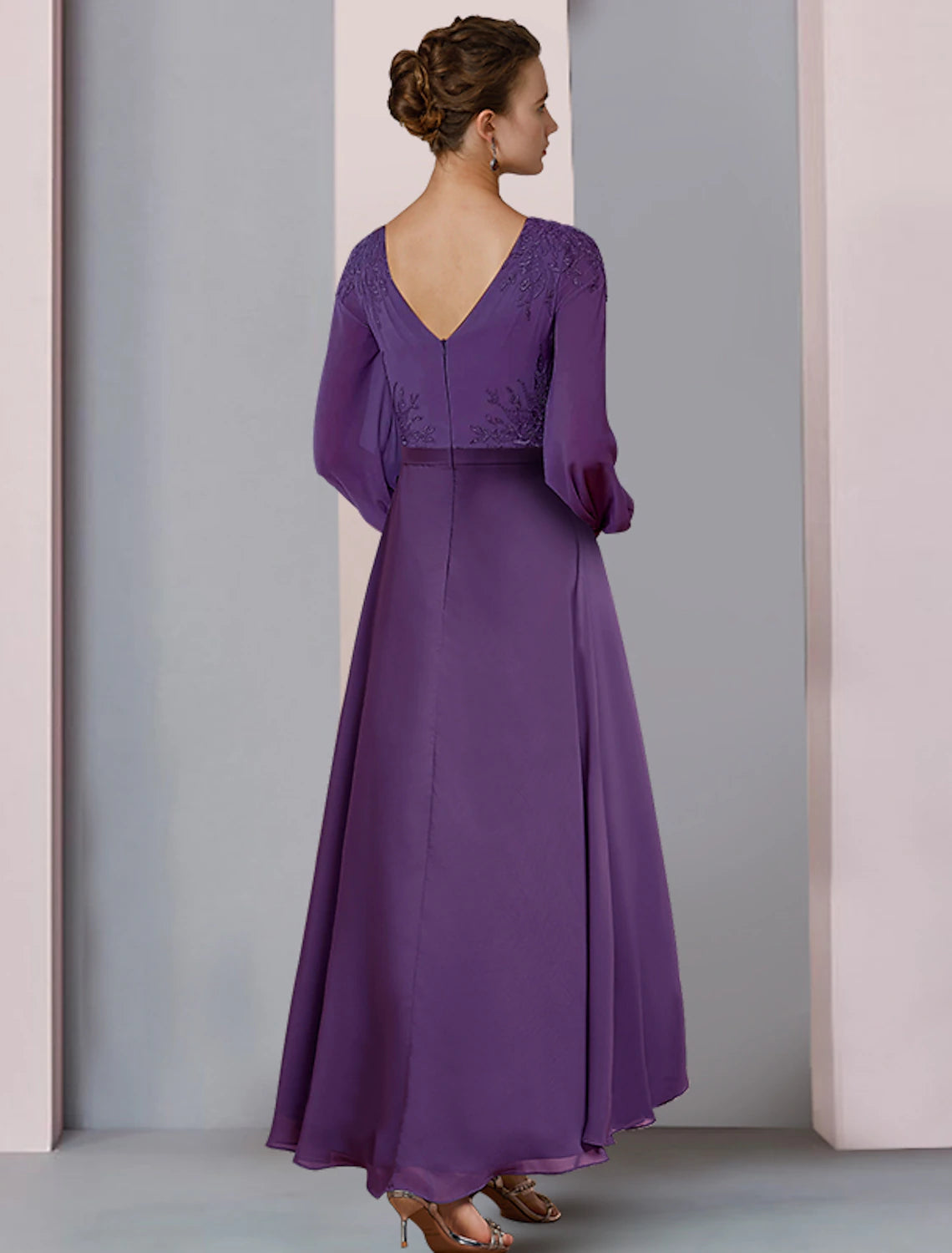 wholesale  Sheath / Column Mother of the Bride Dress Wedding Guest Party Elegant V Neck Asymmetrical Chiffon Lace Long Sleeve with Ruching