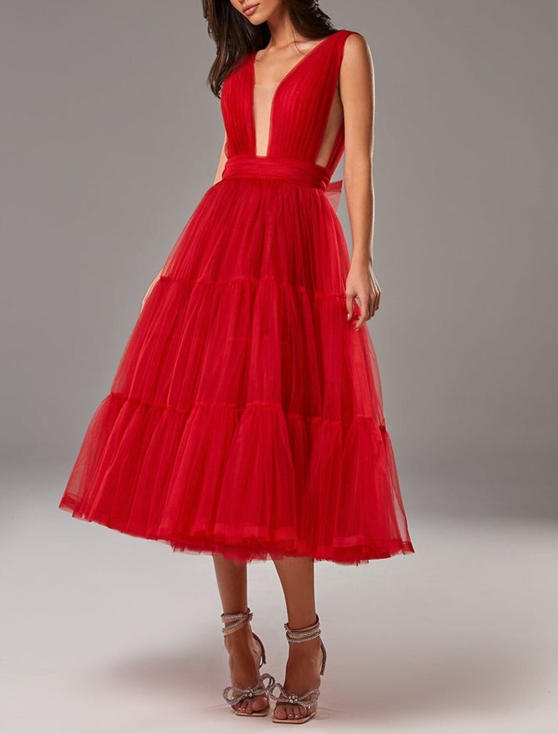 wholesale  A-Line Prom Dresses Princess Dress Wedding Guest Prom Tea Length Sleeveless V Neck Tulle with Bow(s) Pleats