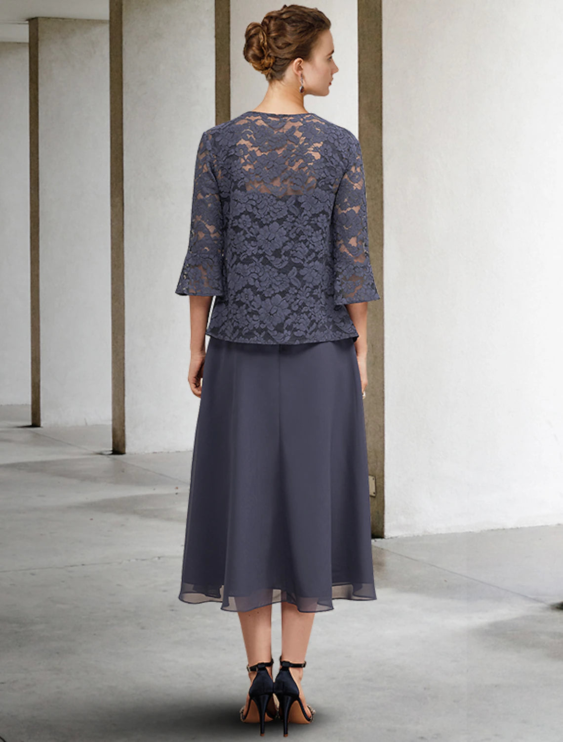 wholesale  A-Line 3 Piece Mother of the Bride Dress Plus Size Elegant Square Neck Tea Length Chiffon Lace Sleeveless Wrap Included Jacket Dresses with Crystals Ruffles