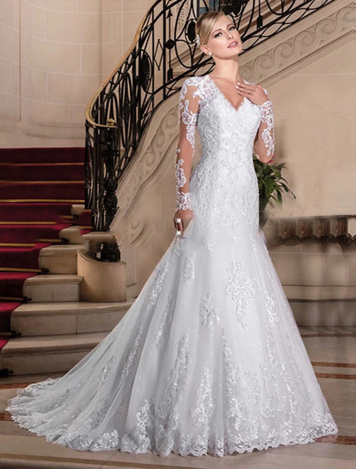 wholesale  Engagement Formal Fall Wedding Dresses Mermaid / Trumpet Sweetheart Long Sleeve Court Train Lace Bridal Gowns With Beading