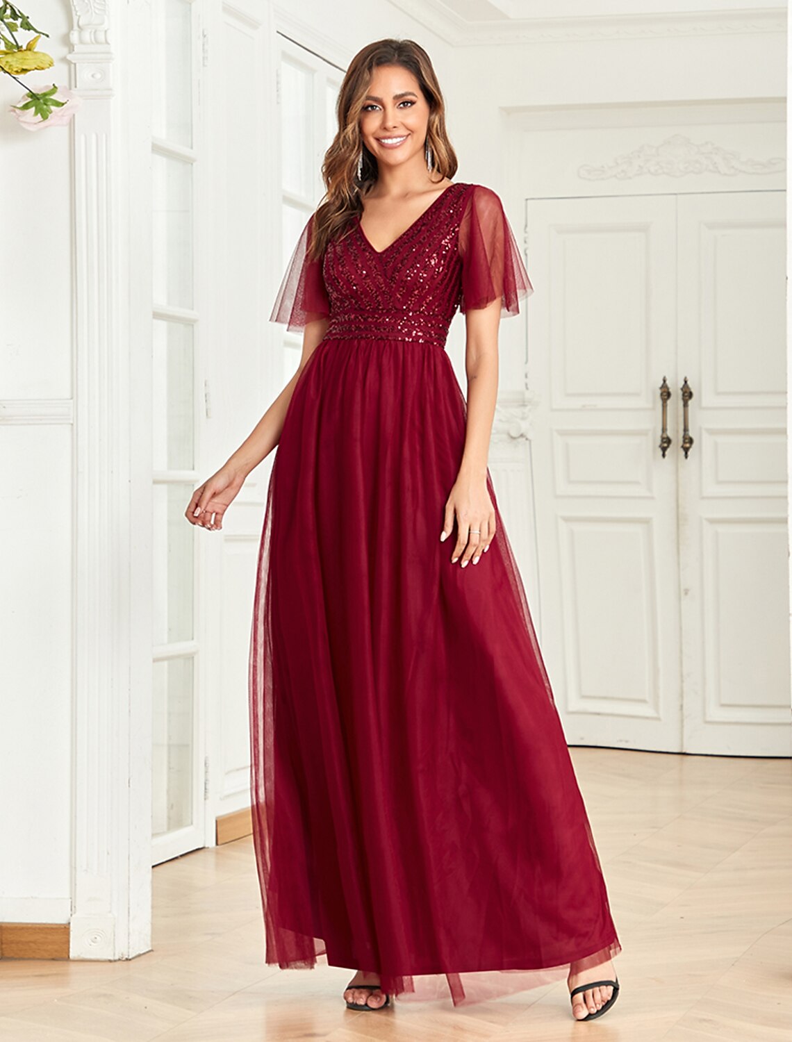 Wholesa A-Line Party Dresses Empire Dress Party Wear Wedding Party Floor Length Short Sleeve V Neck Tulle V Back with Glitter Sequin