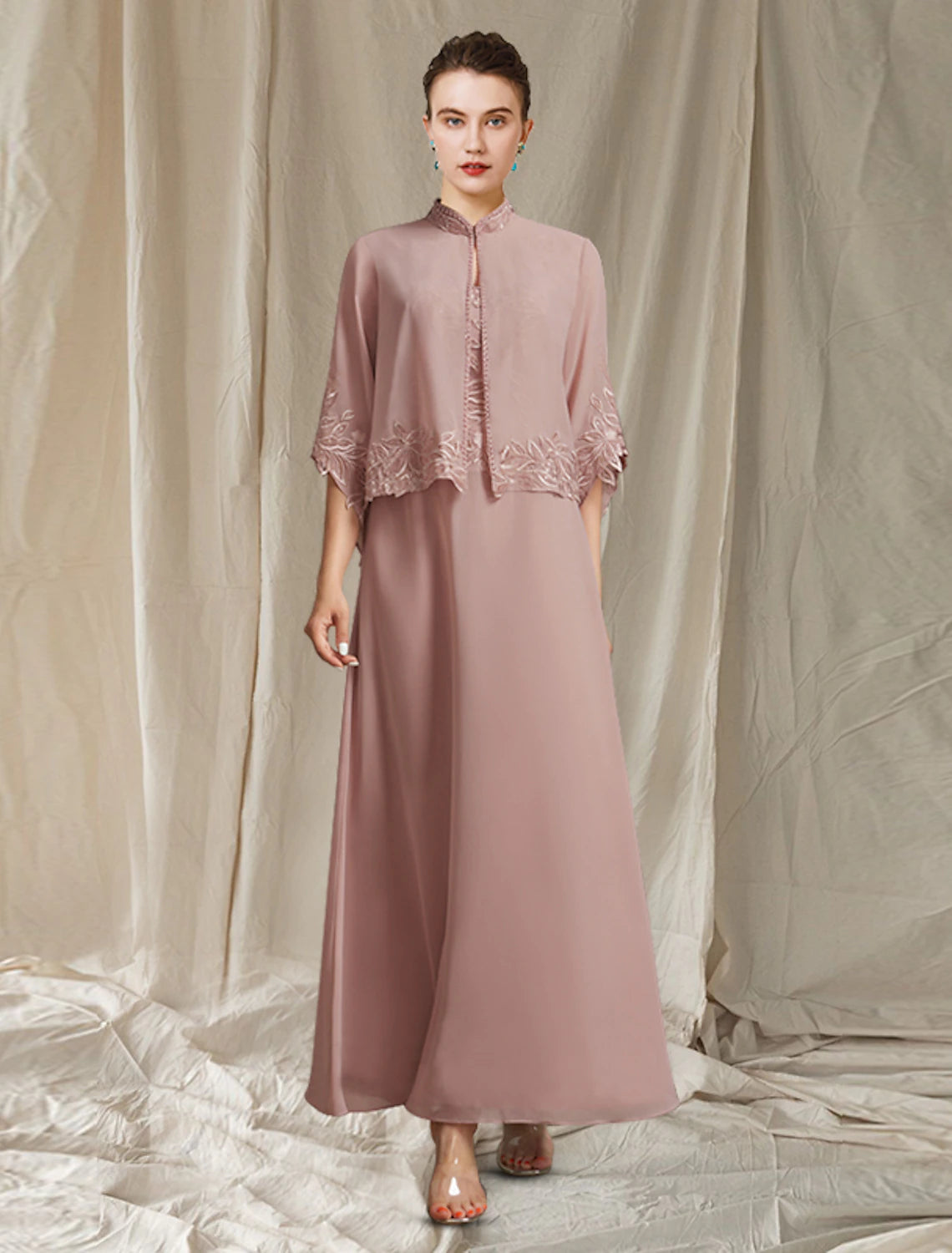 wholesale  Two Piece Sheath / Column Mother of the Bride Dress Elegant V Neck Ankle Length Chiffon Lace Sleeveless Wrap Included with Beading Appliques