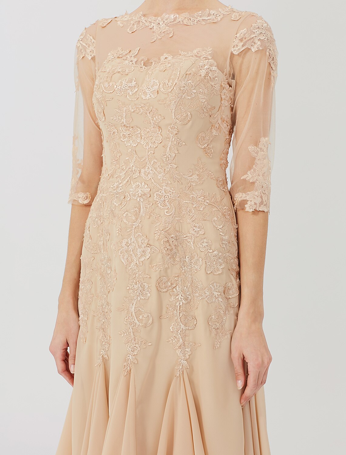 wholesale  Sheath / Column Mother of the Bride Dress Classic & Timeless Elegant & Luxurious Beautiful Back Illusion Neck Knee Length Chiffon All Over Lace Half Sleeve with Appliques