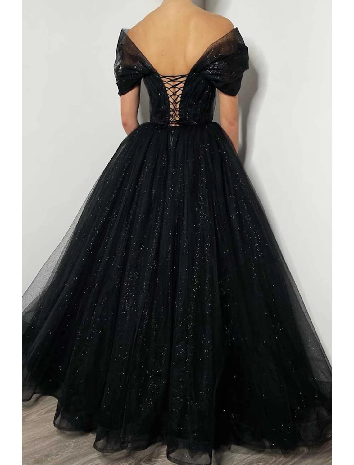 Wholesa A-Line Prom Dresses Elegant Dress Formal Floor Length Black Dress Short Sleeve Off Shoulder Tulle with Pleats Beading Sequin