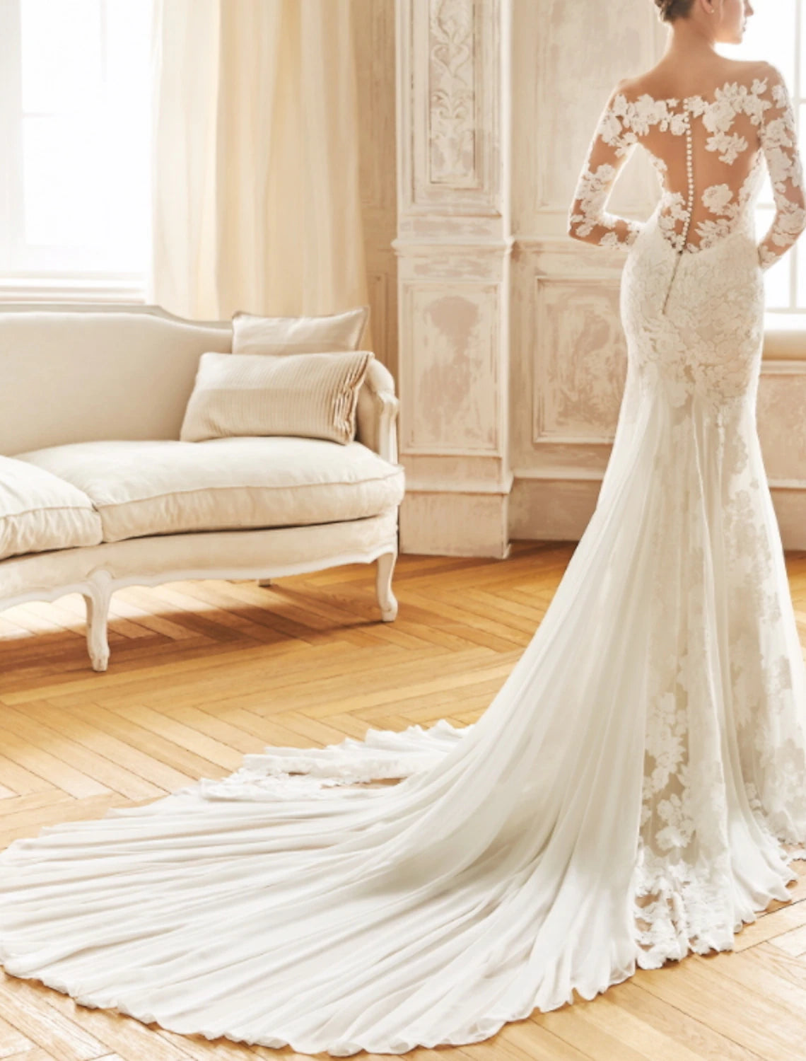 Wholesa Engagement Open Back Formal Wedding Dresses Mermaid / Trumpet Illusion Neck Long Sleeve Court Train Chiffon Bridal Gowns With Embroidery Appliques