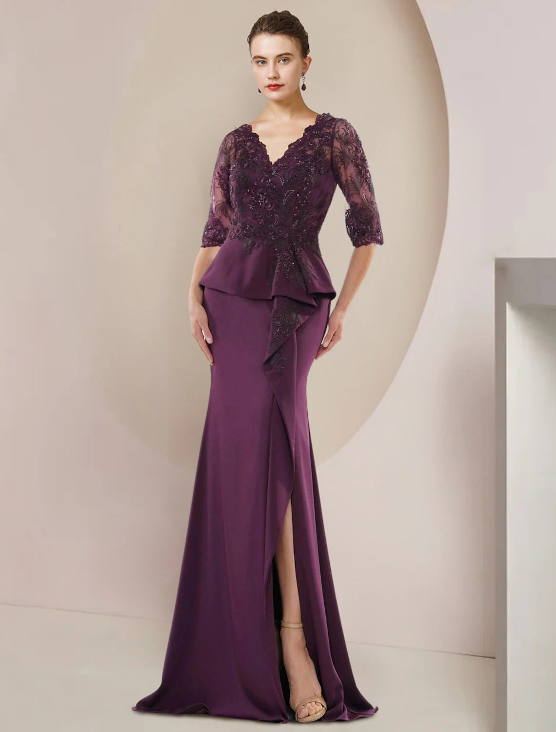 wholesale  Mermaid / Trumpet Mother of the Bride Dress Formal Wedding Guest Luxurious Elegant V Neck Floor Length Lace Stretch Chiffon Half Sleeve with Beading Ruffles Appliques