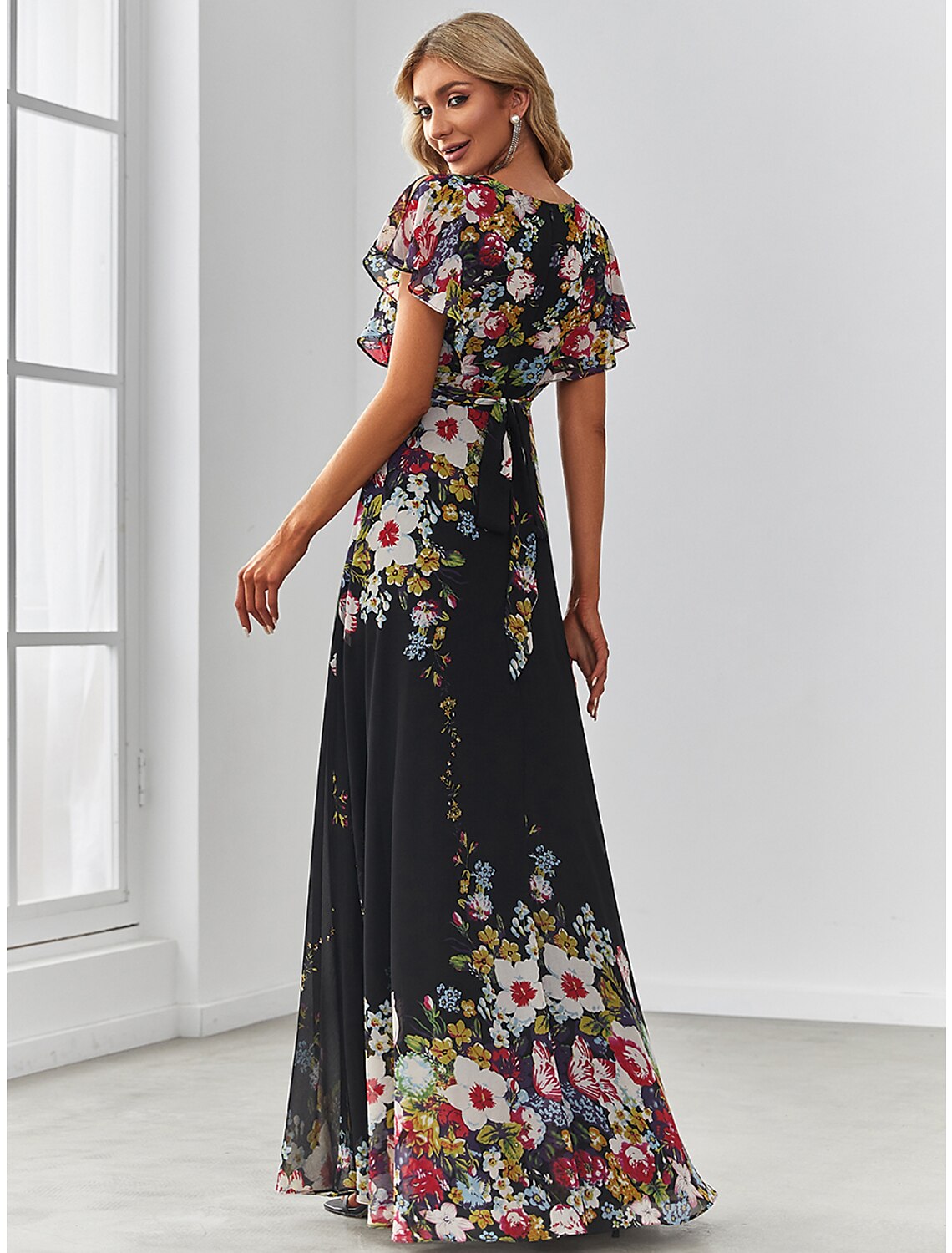 Wholesa A-Line Evening Gown Floral Dress Birthday Floor Length Short Sleeve V Neck Chiffon with Pattern / Print