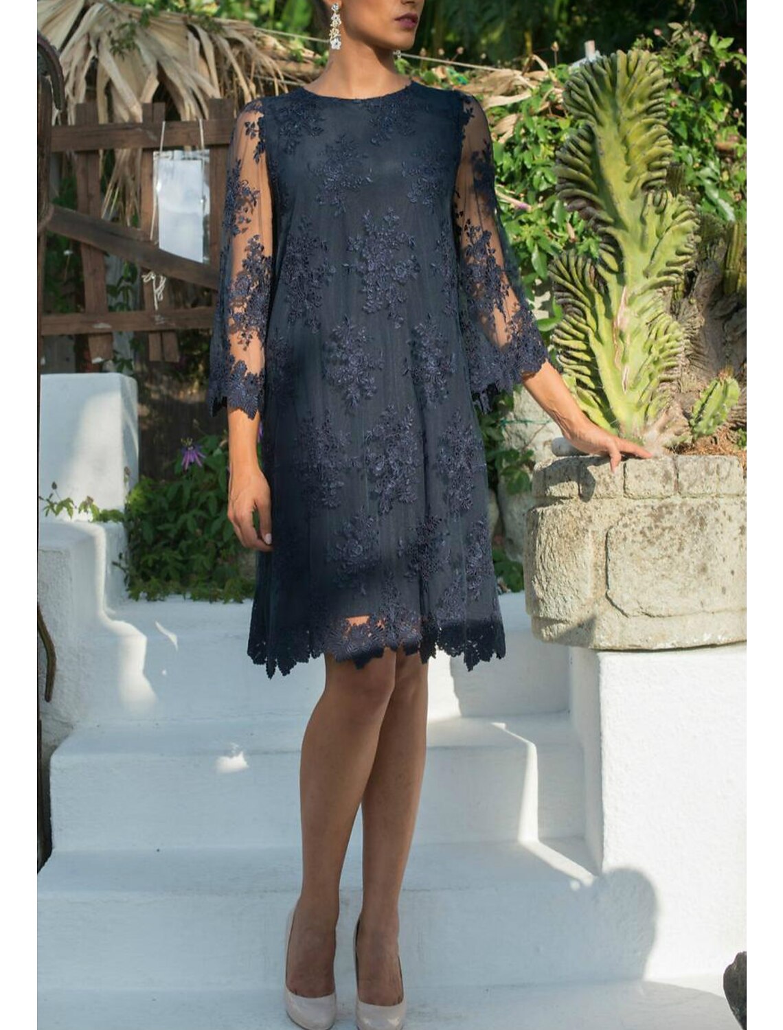 Wholesa Sheath / Column Mother of the Bride Dress Wedding Guest Elegant Jewel Neck Short / Mini Lace Tulle 3/4 Length Sleeve with Appliques