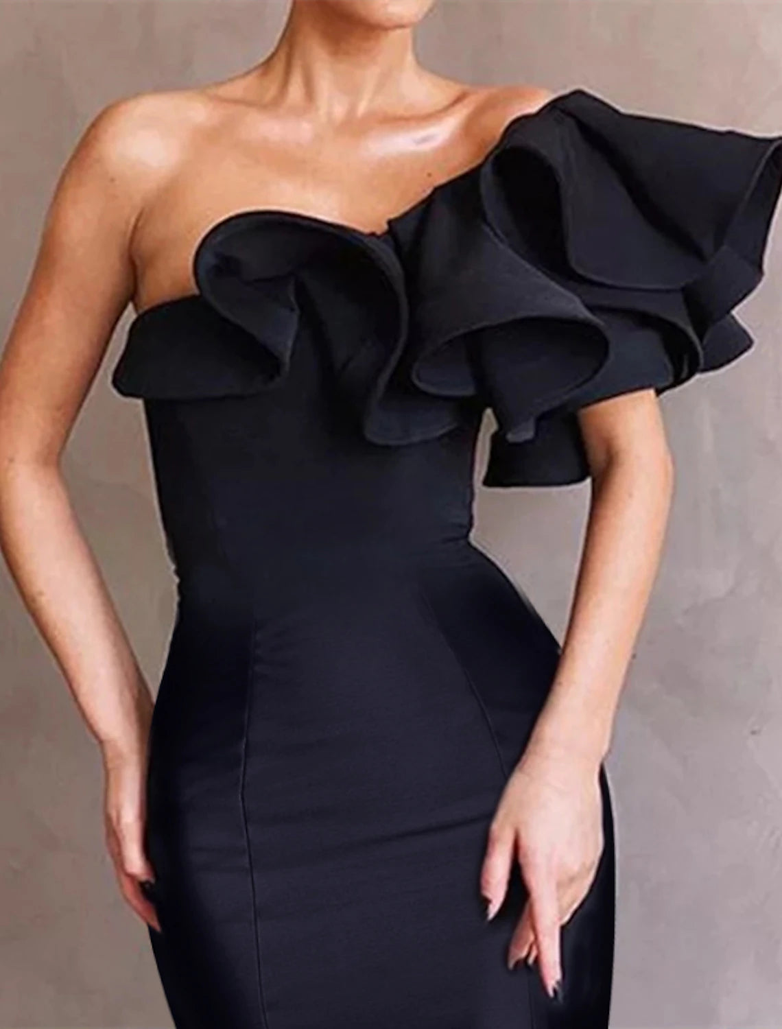 wholesale   Mermaid Black Dress Evening Gown Corsets Dress Formal Wedding Guest Floor Length Sleeveless One Shoulder Taffeta with Ruffles Shouder Flower