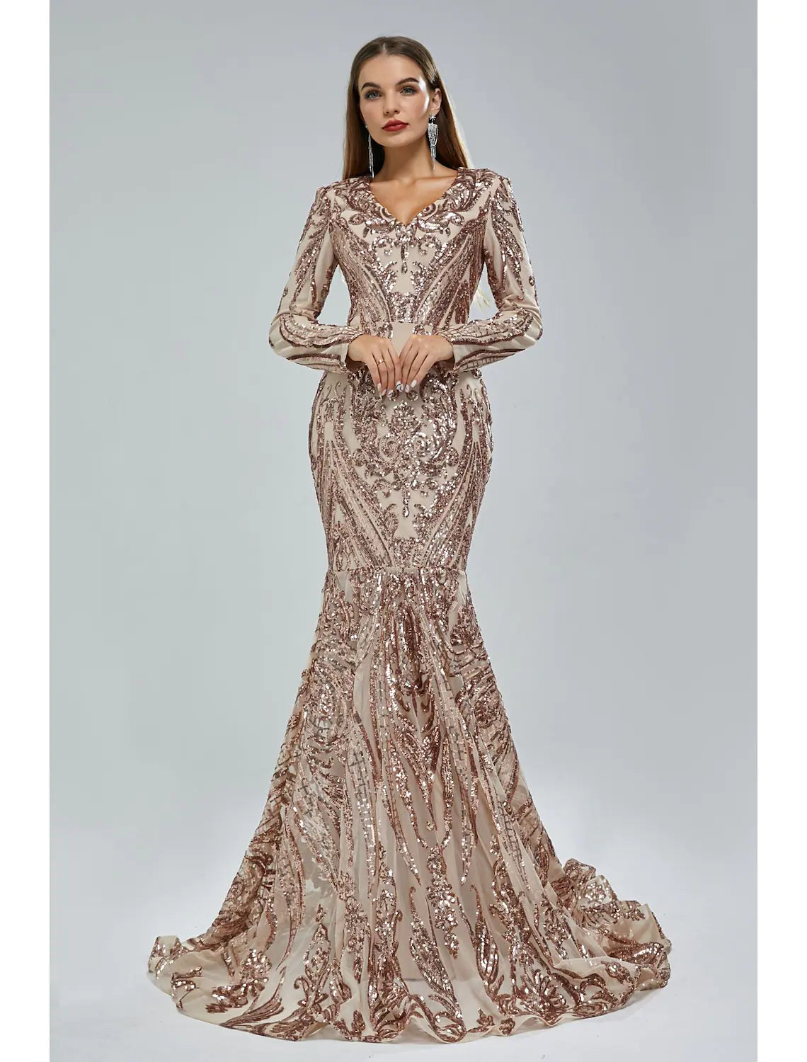 Wholesa Mermaid / Trumpet Evening Gown Elegant Dress Engagement Court Train Long Sleeve V Neck Lace with Sequin