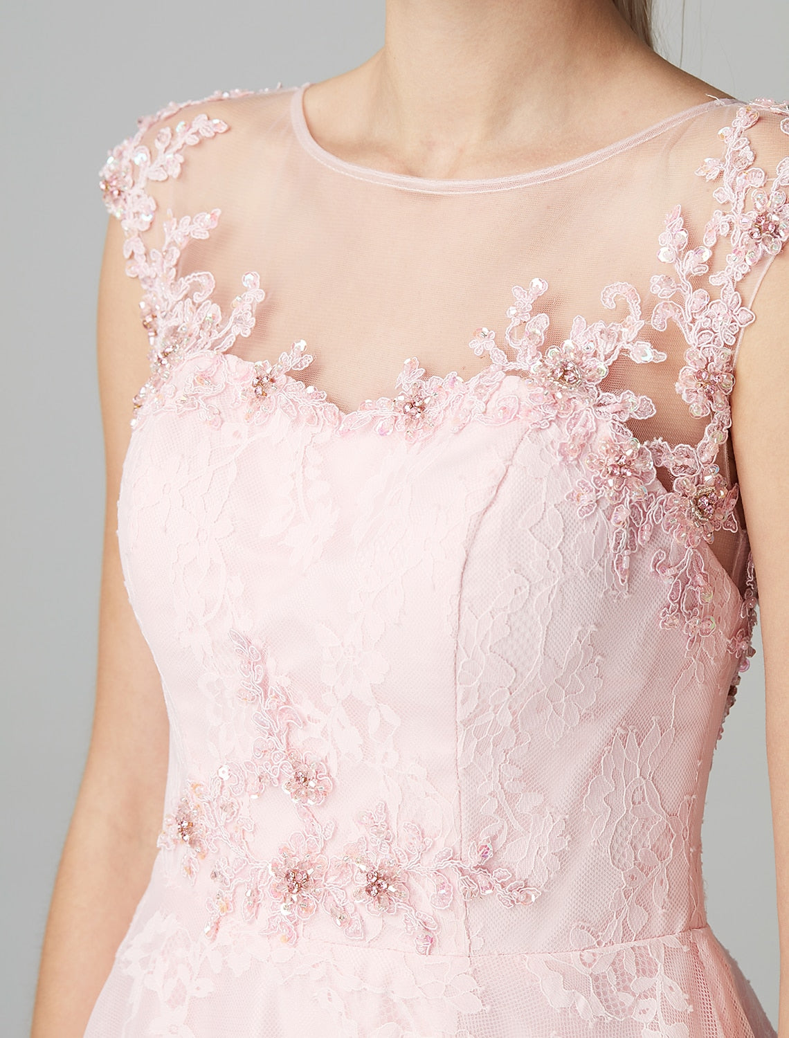 wholesa A-Line Prom Dresses Floral Dress Evening Party Wedding Guest Ankle Length Short Sleeve Illusion Neck Lace Zipper with Appliques