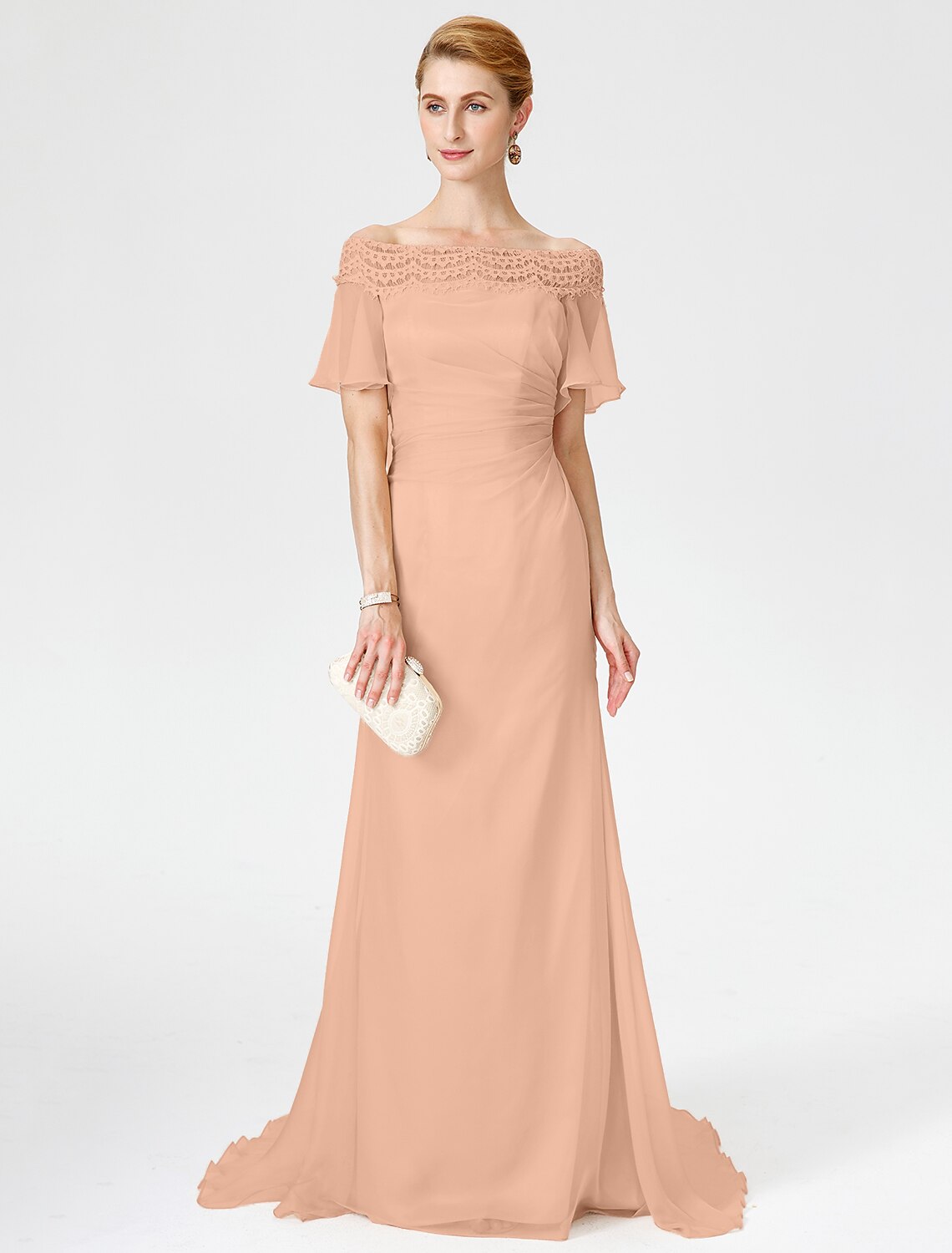 wholesale  Sheath / Column Mother of the Bride Dress Elegant Off Shoulder Sweep / Brush Train Chiffon Lace Short Sleeve with Pleats