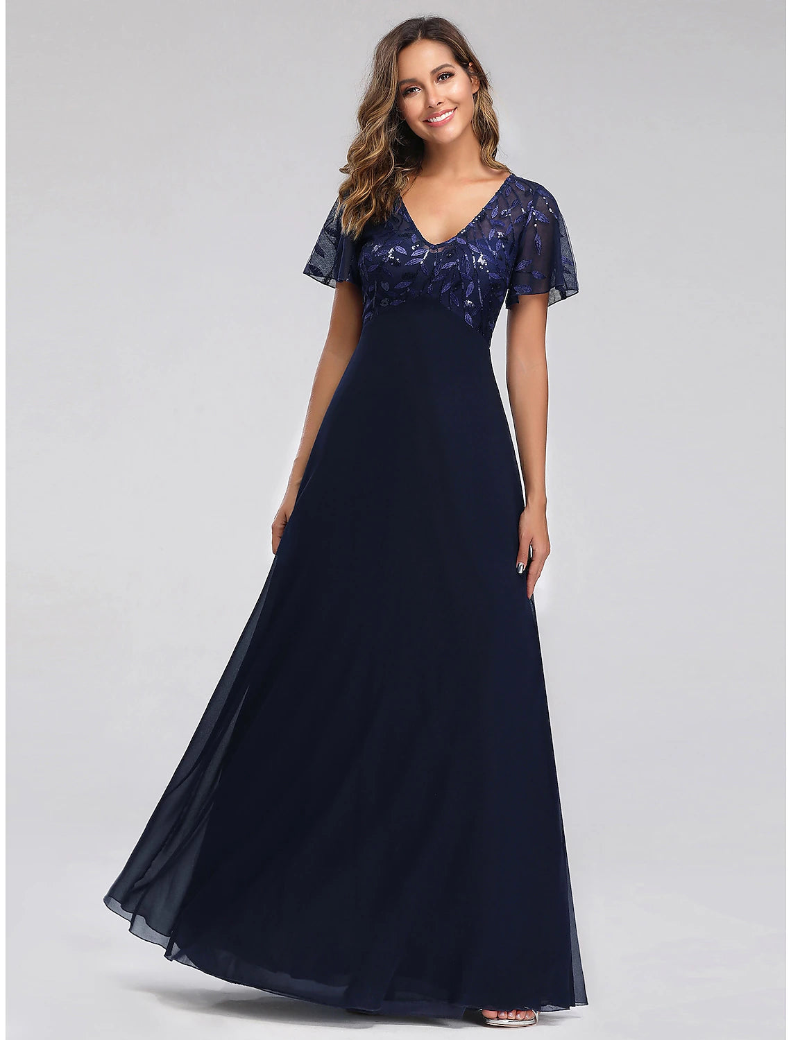 wholesa A-Line Wedding Guest Dresses Elegant Dress Fall Floor Length Short Sleeve V Neck Bridesmaid Dress Tulle with Sequin Appliques
