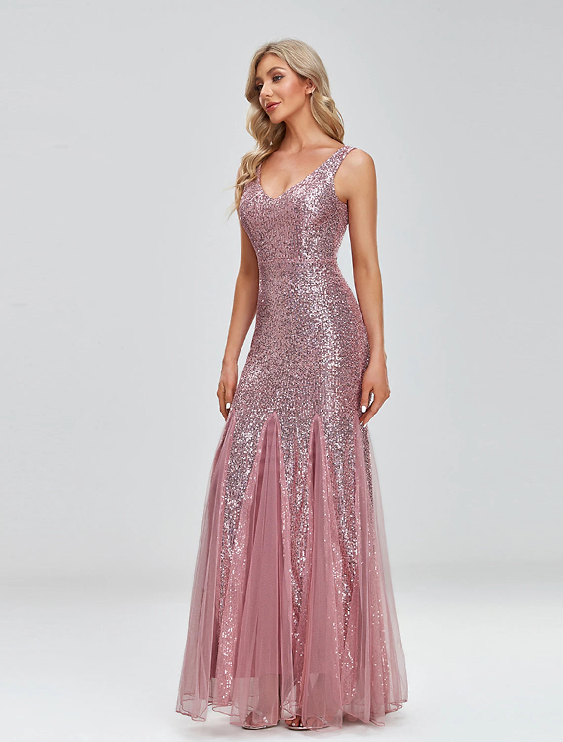 wholesa Two Piece Mermaid / Trumpet Party Dresses Sparkle & Shine Dress Prom Wedding Party Floor Length Sleeveless V Neck Capes Tulle V Back with Sequin Shawl