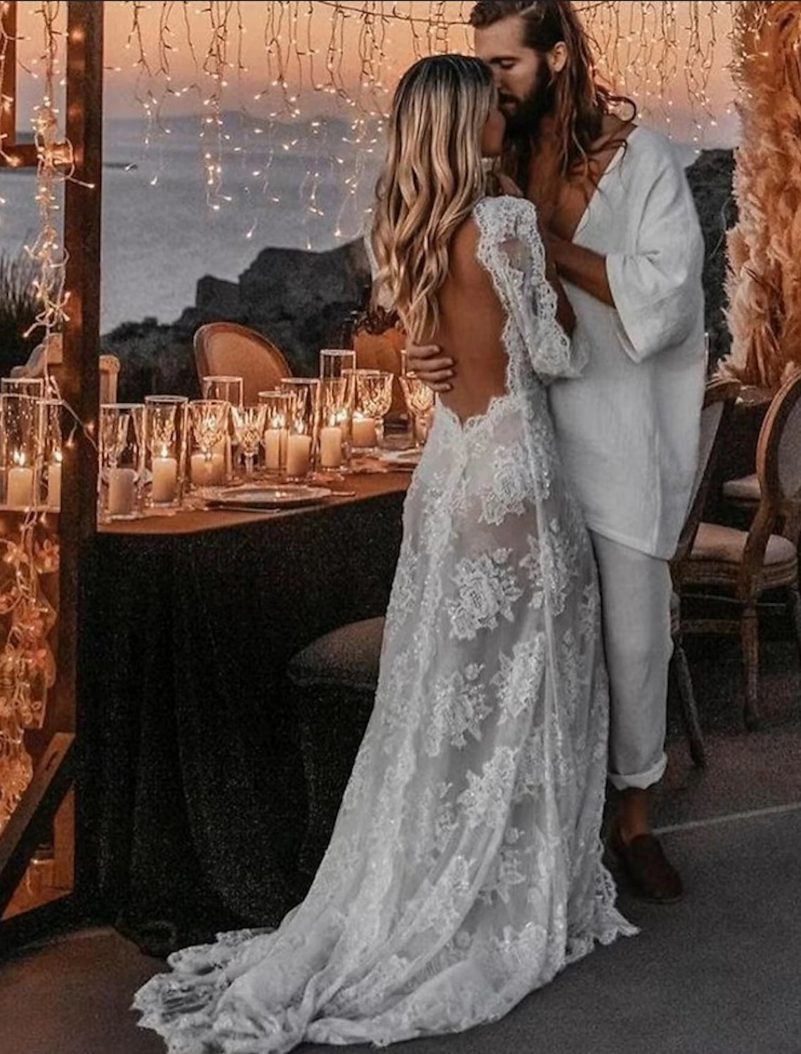 wholesale   Beach Sexy Boho Wedding Dresses A-Line V Neck Long Sleeve Sweep / Brush Train Lace Outdoor Bridal Gowns With Appliques Split Front Summer Fall Wedding Party