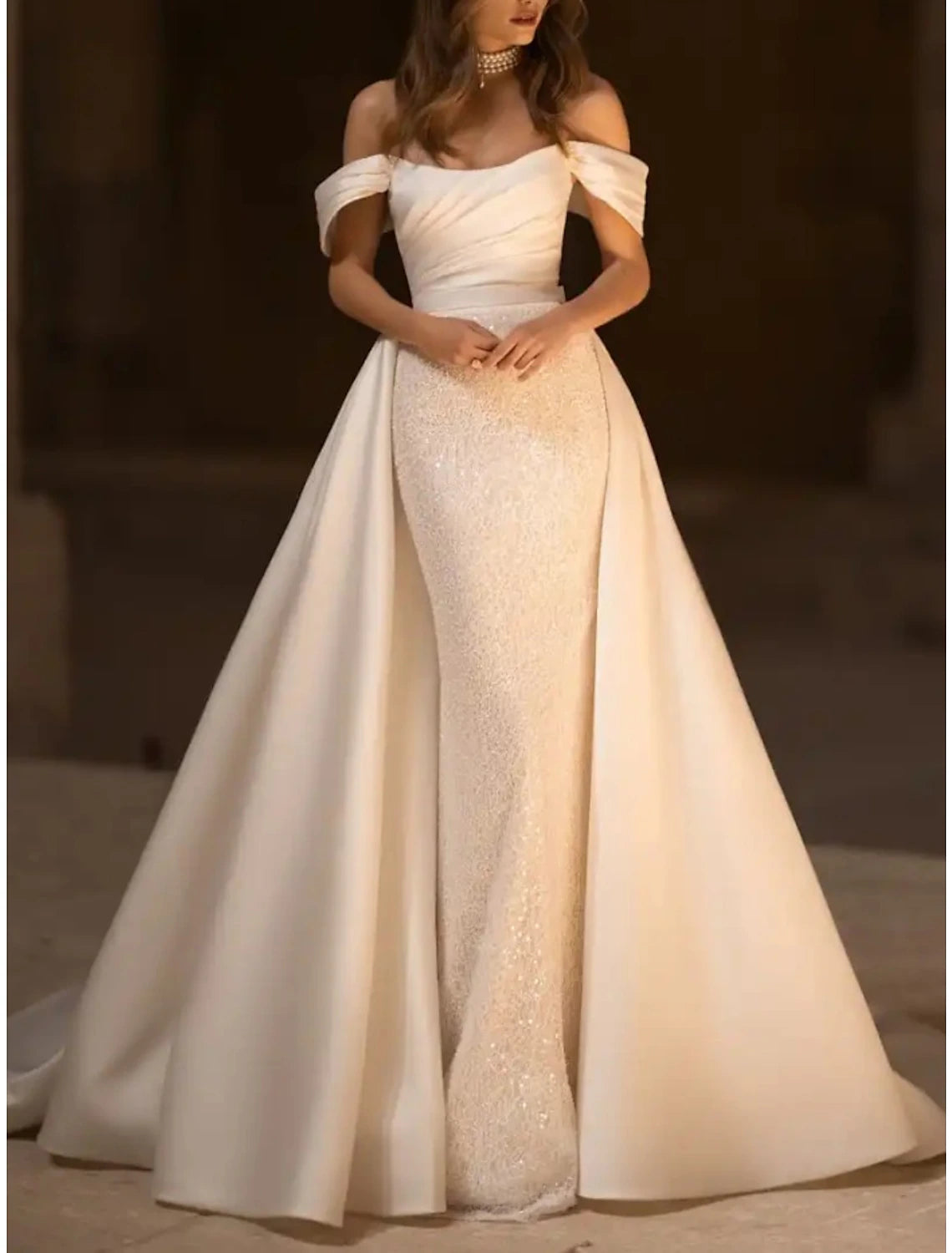 Wholesa Formal Wedding Dresses Mermaid / Trumpet Off Shoulder Sleeveless Court Train Satin Bridal Gowns With Pleats Solid Color