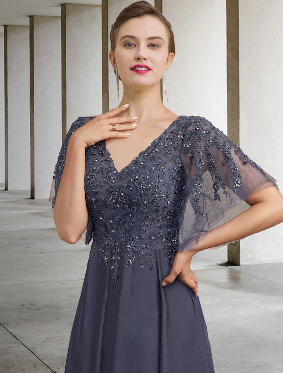 wholesale  A-Line Plus Size Curve Mother of the Bride Dress Elegant Jewel Neck Ankle Length Chiffon Lace Short Sleeve with Beading Sequin Appliques