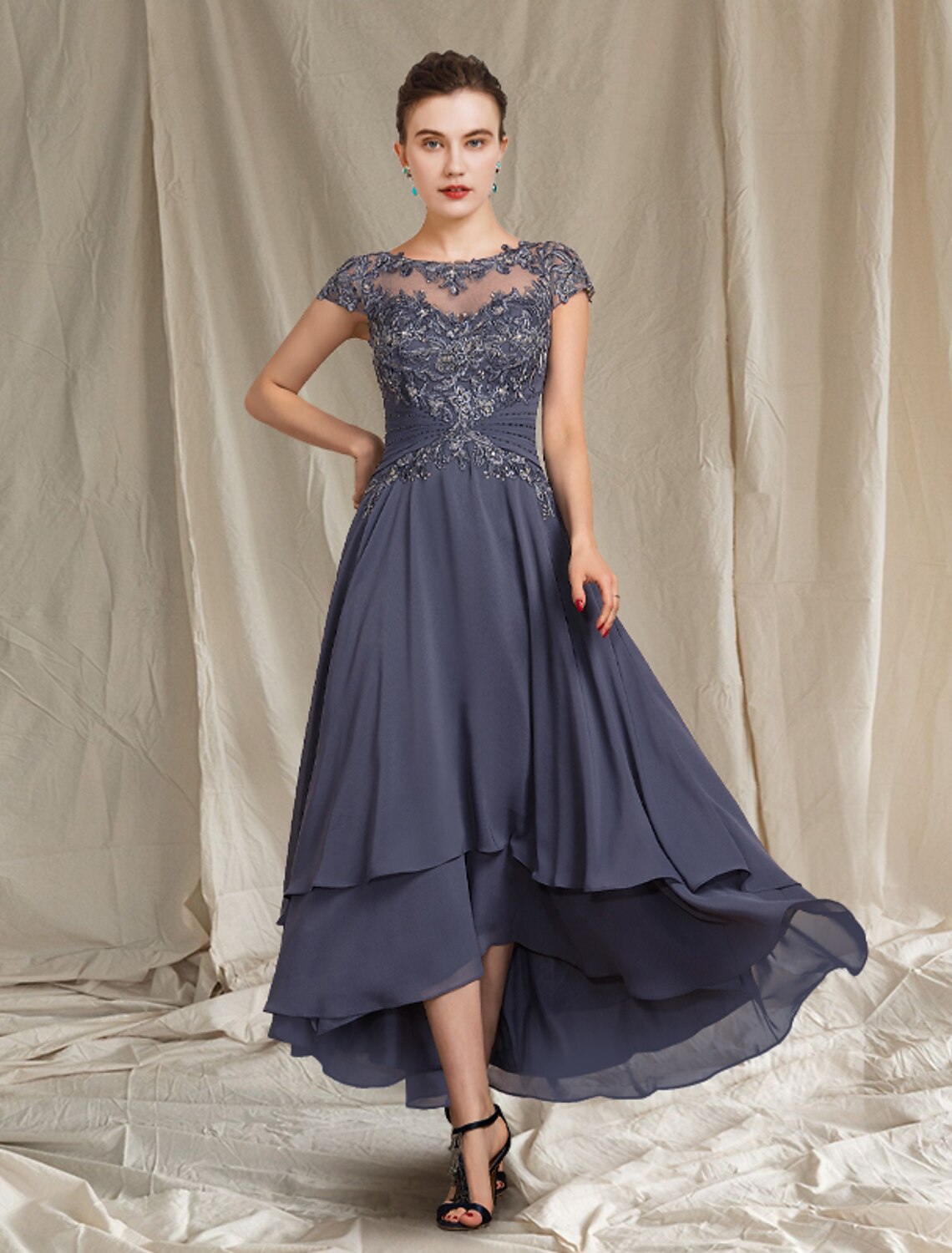 wholesale  Two Piece A-Line Mother of the Bride Dress Formal Wedding Guest Elegant Scoop Neck Asymmetrical Tea Length Chiffon Lace Short Sleeve Wrap Included with Beading Appliques