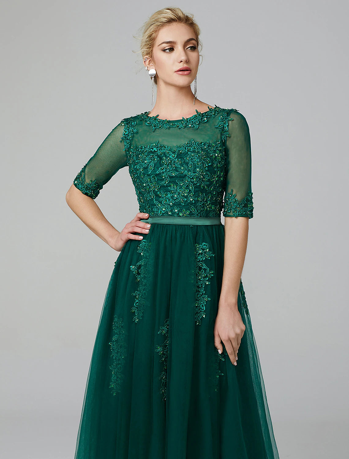 Wholesa  A-Line Cocktail Dress Christmas Red Green Dress Formal Evening Kentucky Derby Tea Length Sleeveless Illusion Neck Fall Wedding Guest Lace Over Tulle with Sequin Applique
