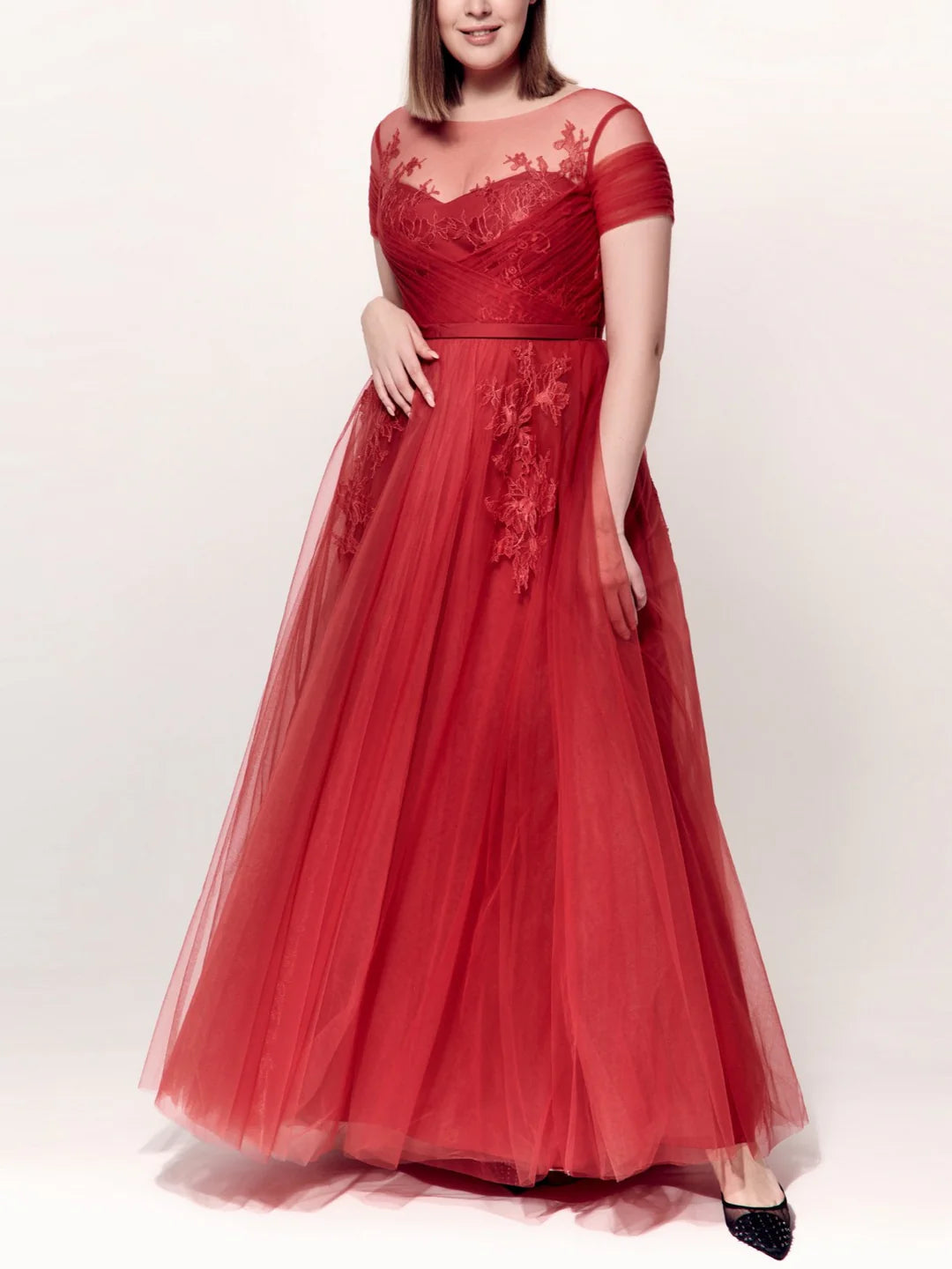 Wholesa A-Line Jewel Neck Short Sleeves Ankle-Length Evening Dress