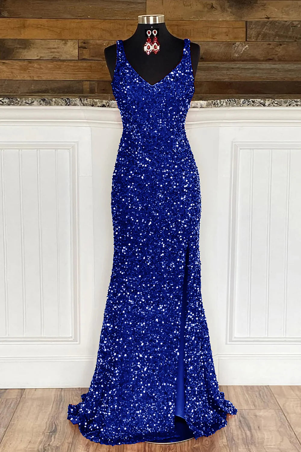 Wholesa Sheath Spaghetti Straps Sequins Prom Dress with Split Front