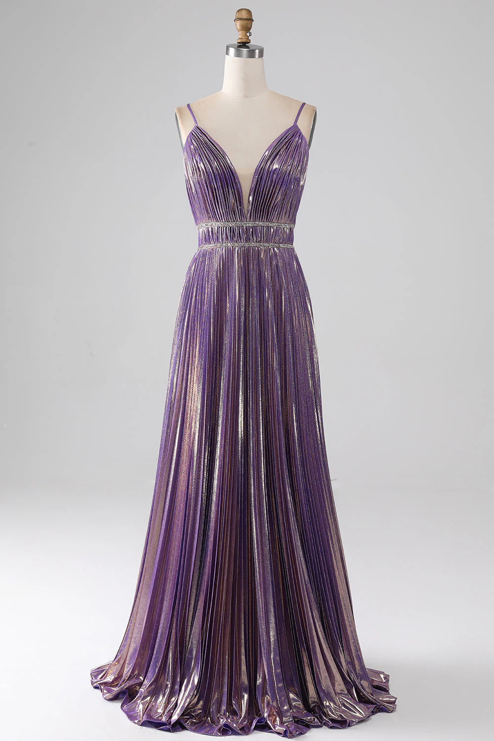 Wholesa A-Line Glitter Spaghetti Straps Pleated Prom Dress