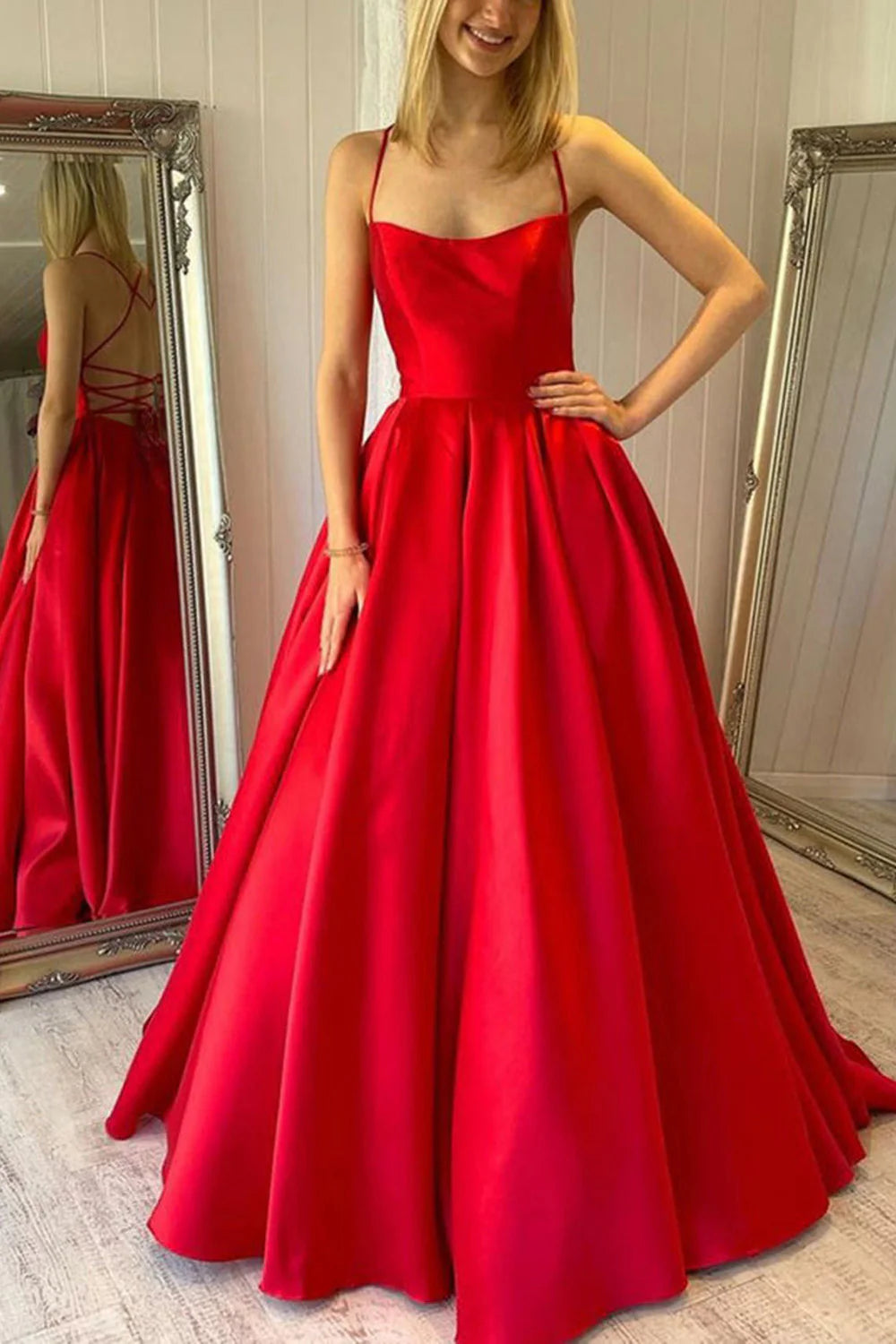 Wholesa A-Line Halter Backless Satin Long Prom Dress with Pockets