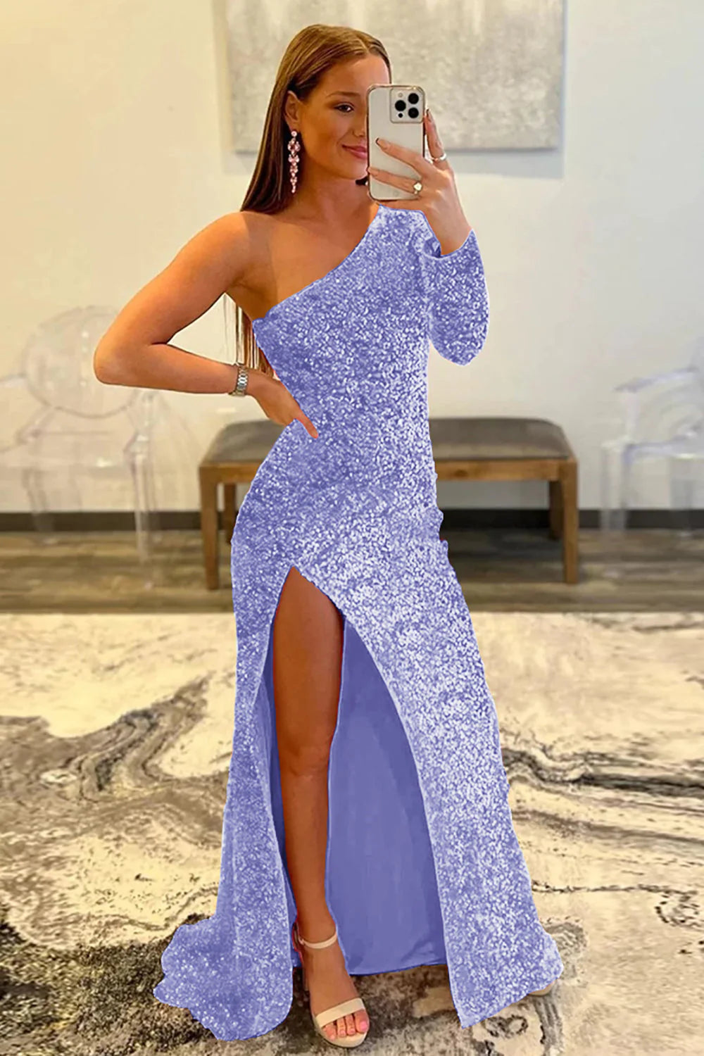 Wholesa Mermaid One Shoulder Sequined Prom Dress