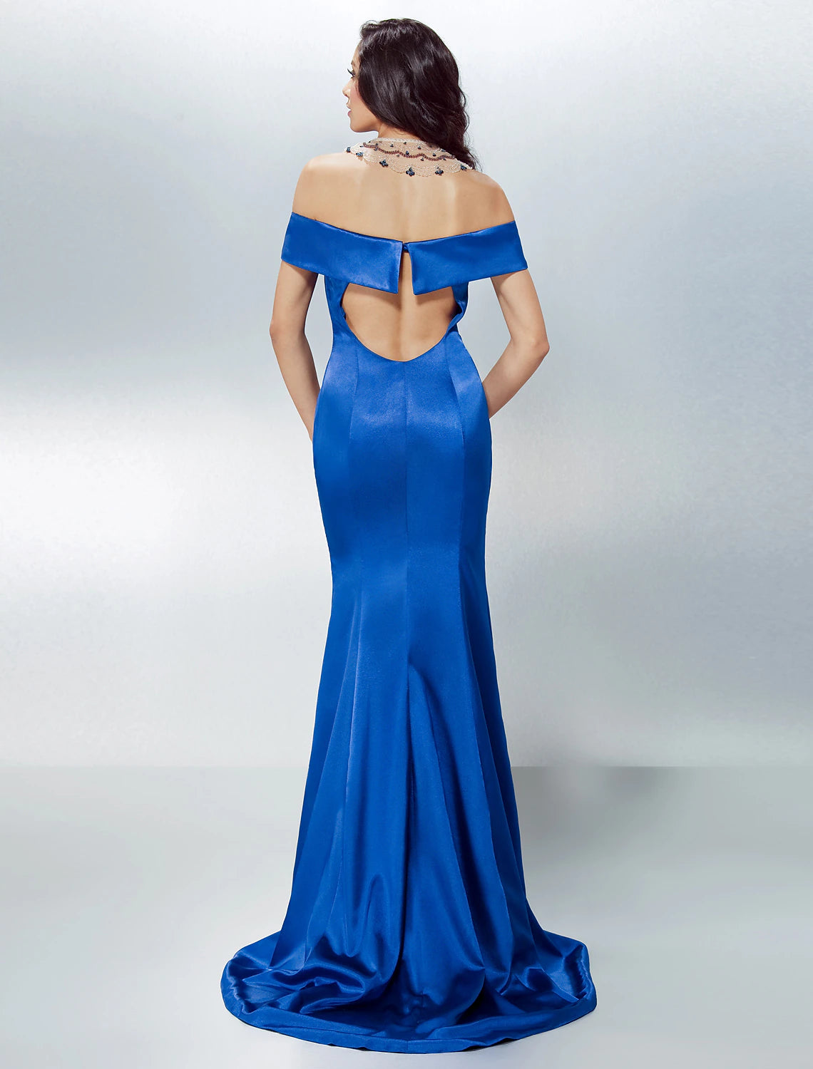 Wholesa Mermaid / Trumpet Beautiful Back Dress Formal Evening Sweep / Brush Train Short Sleeve Off Shoulder Stretch Satin with Crystals Beading