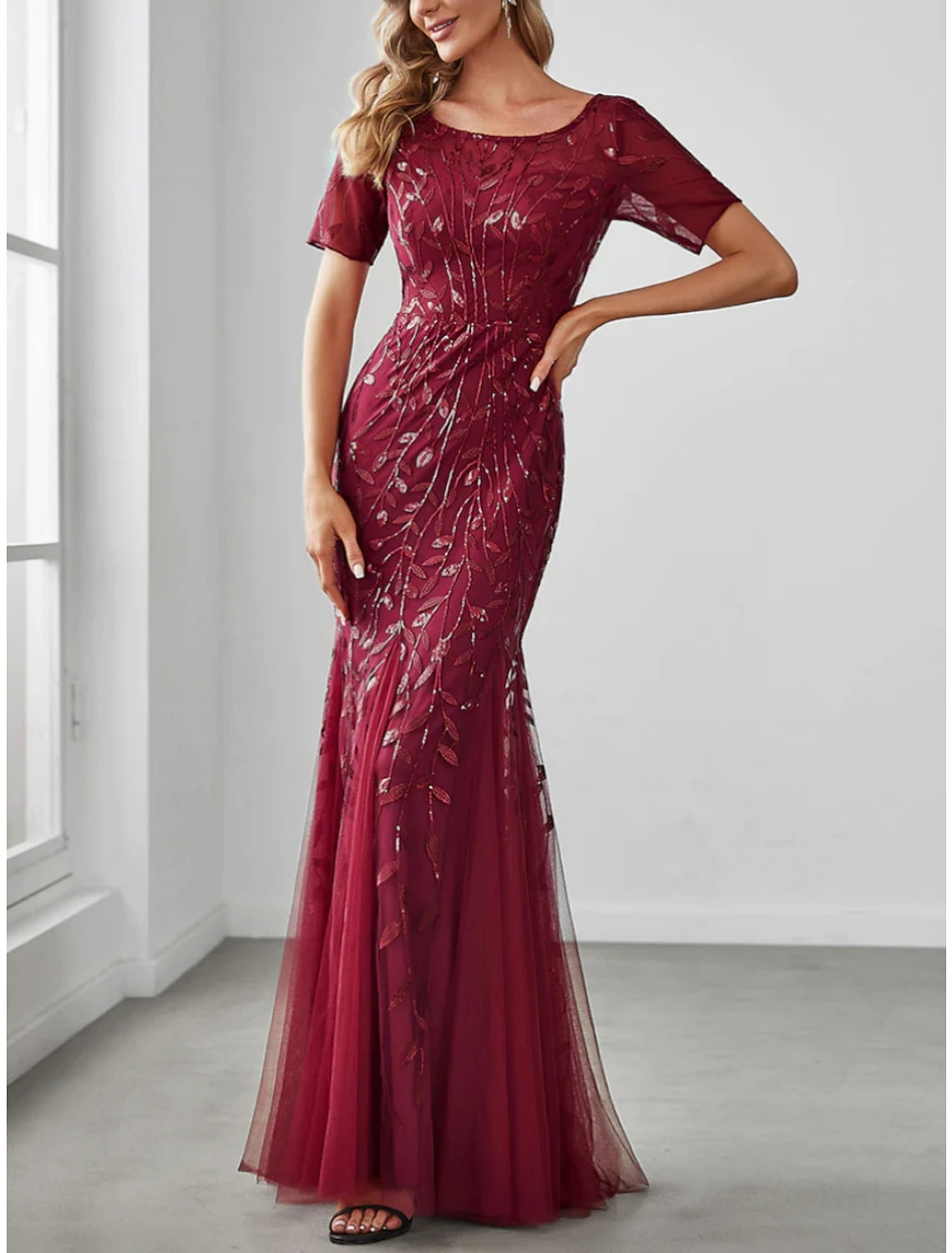 Wholesa Mermaid / Trumpet Mother of the Bride Dress Wedding Guest Elegant Sparkle & Shine Jewel Neck Floor Length Sequined Short Sleeve with Pleats Sequin