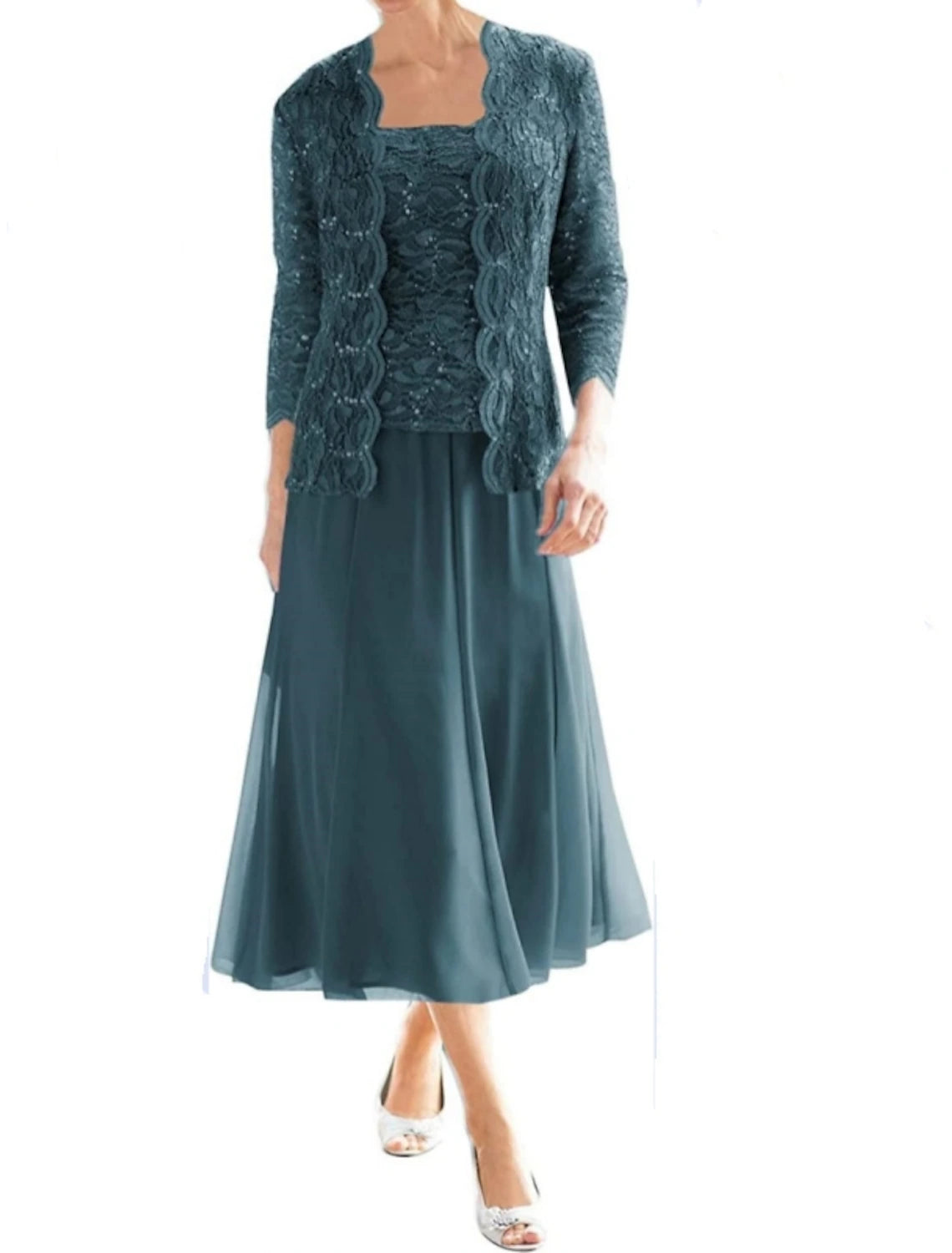 Wholesa  Two Piece Sheath / Column Mother of the Bride Dress Sparkle & Shine Vintage Elegant Square Neck Tea Length Chiffon Lace 3/4 Length Sleeve with Pleats Sequi