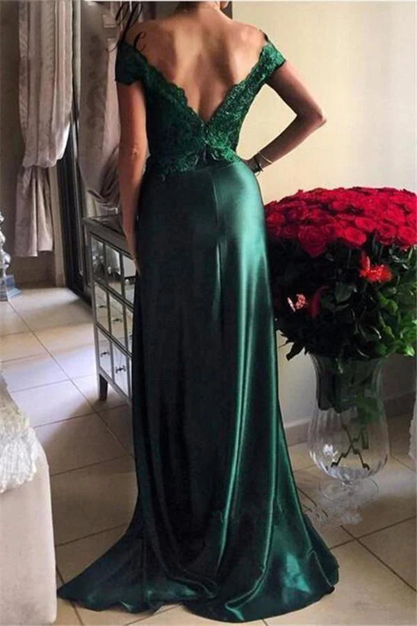 Wholesa A-line Off-the-shoulder Dark Green Split Prom Dresses Evening Dresses