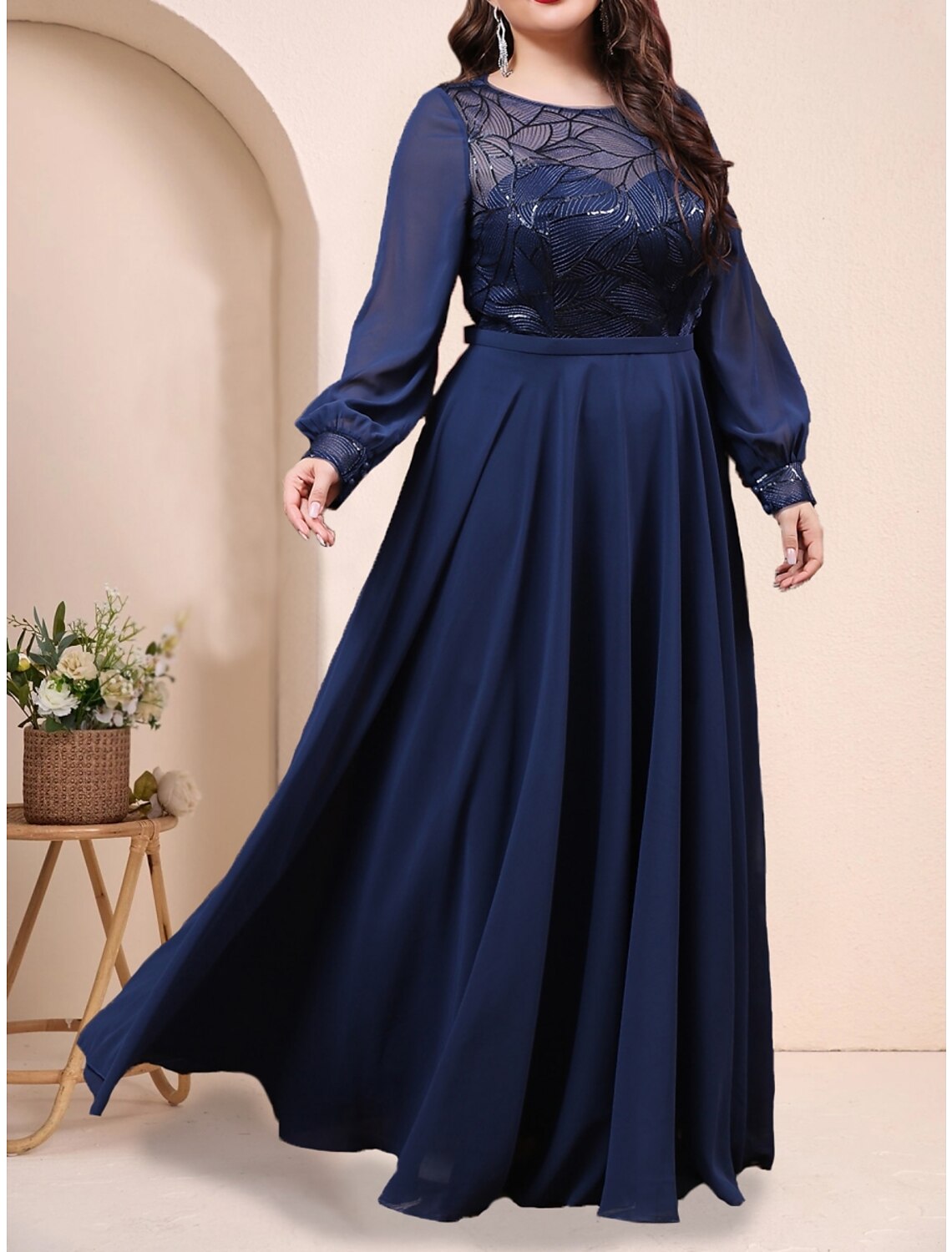 Wholesa A-Line Plus Size Curve Mother of the Bride Dress Wedding Guest Plus Size Sparkle & Shine Jewel Neck Floor Length Chiffon Long Sleeve with Pleats Sequin