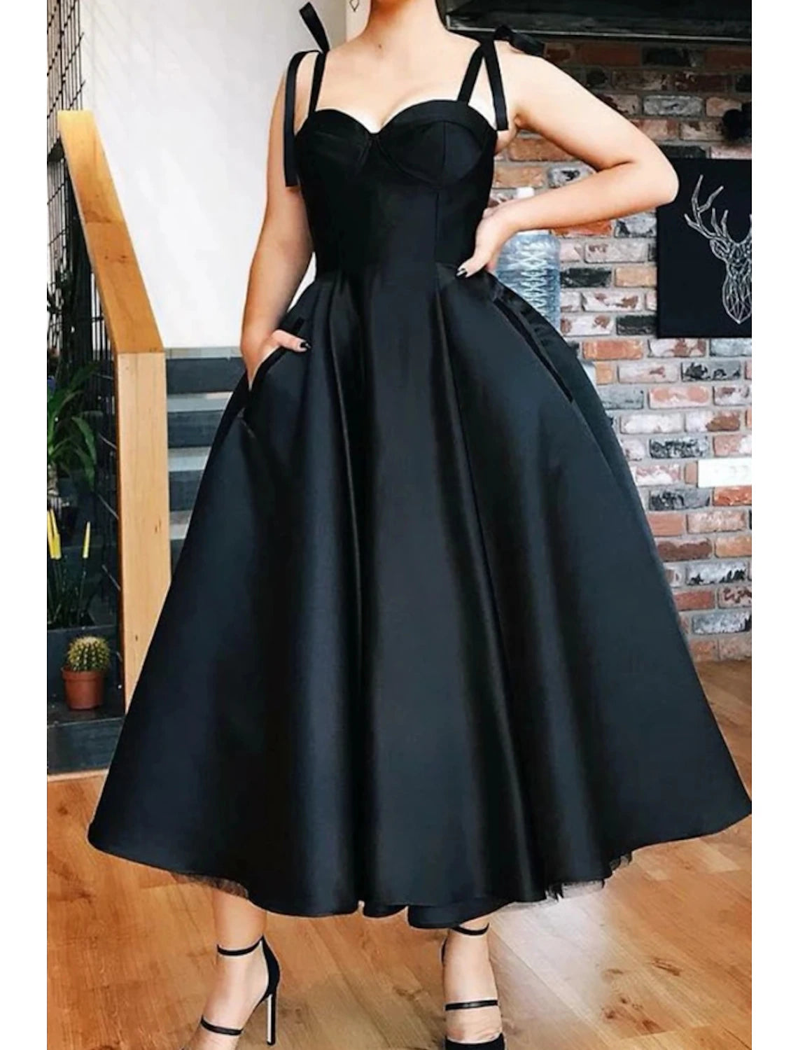 Wholesa  Ball Gown Cocktail Black Dress Plus Size Vintage Dress Party Wear Prom Tea Length Sleeveless Spaghetti Strap Wednesday Addams Family Satin with Pleats