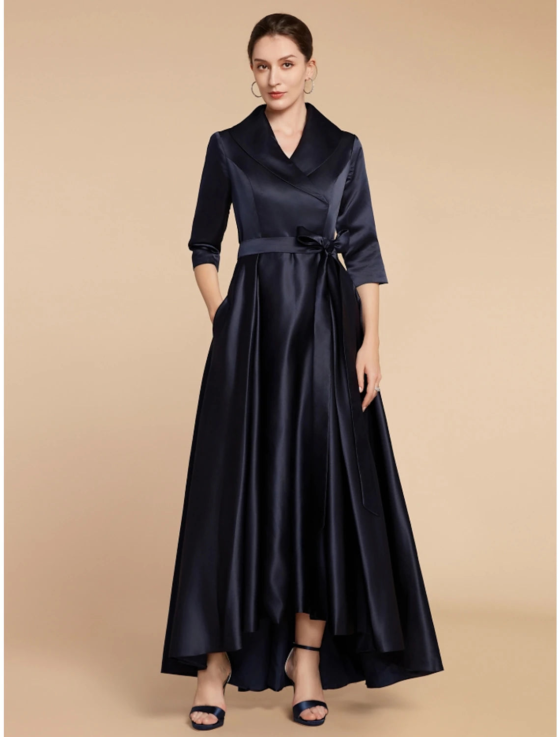 Wholesa  A-Line Mother of the Bride Dress Wedding Guest Elegant V Neck Ankle Length Satin Half Sleeve with Sash / Ribbon Ruching Solid Color