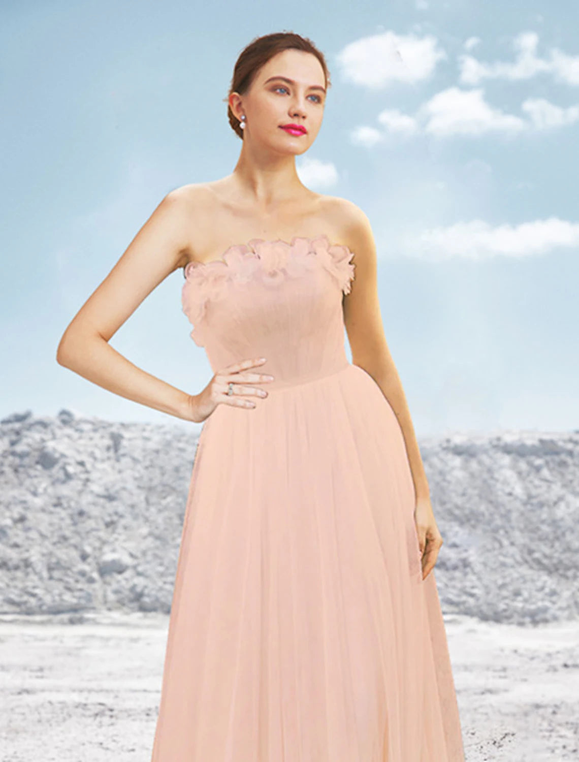 Wholesa A-Line Evening Gown Elegant Dress Formal Wedding Party Sweep / Brush Train Sleeveless Strapless Tulle with Pleats