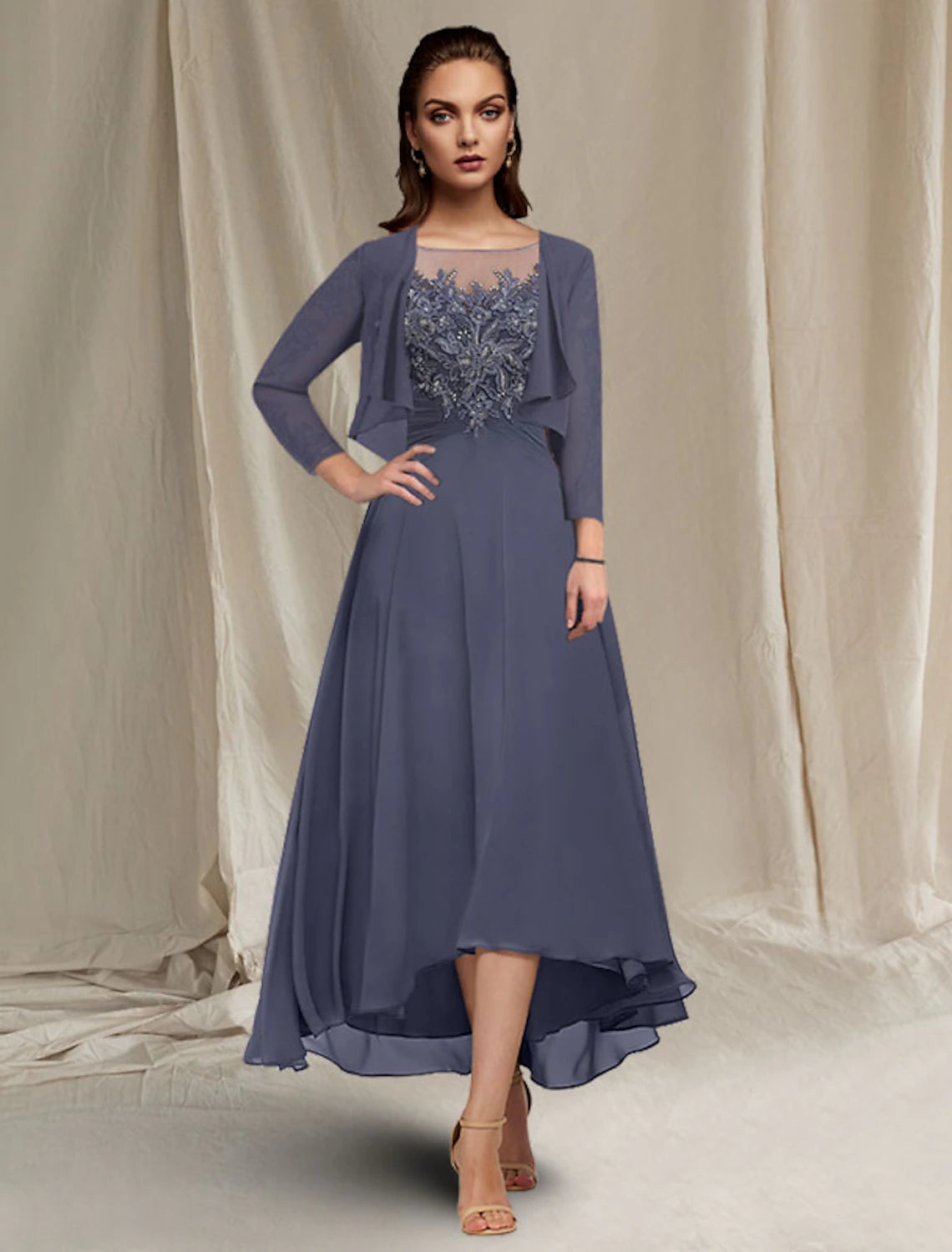 wholesale  A-Line Mother of the Bride Dress Elegant High Low Jewel Neck Asymmetrical Tea Length Chiffon Lace Short Sleeve Wrap Included with Ruched Sequin Appliques