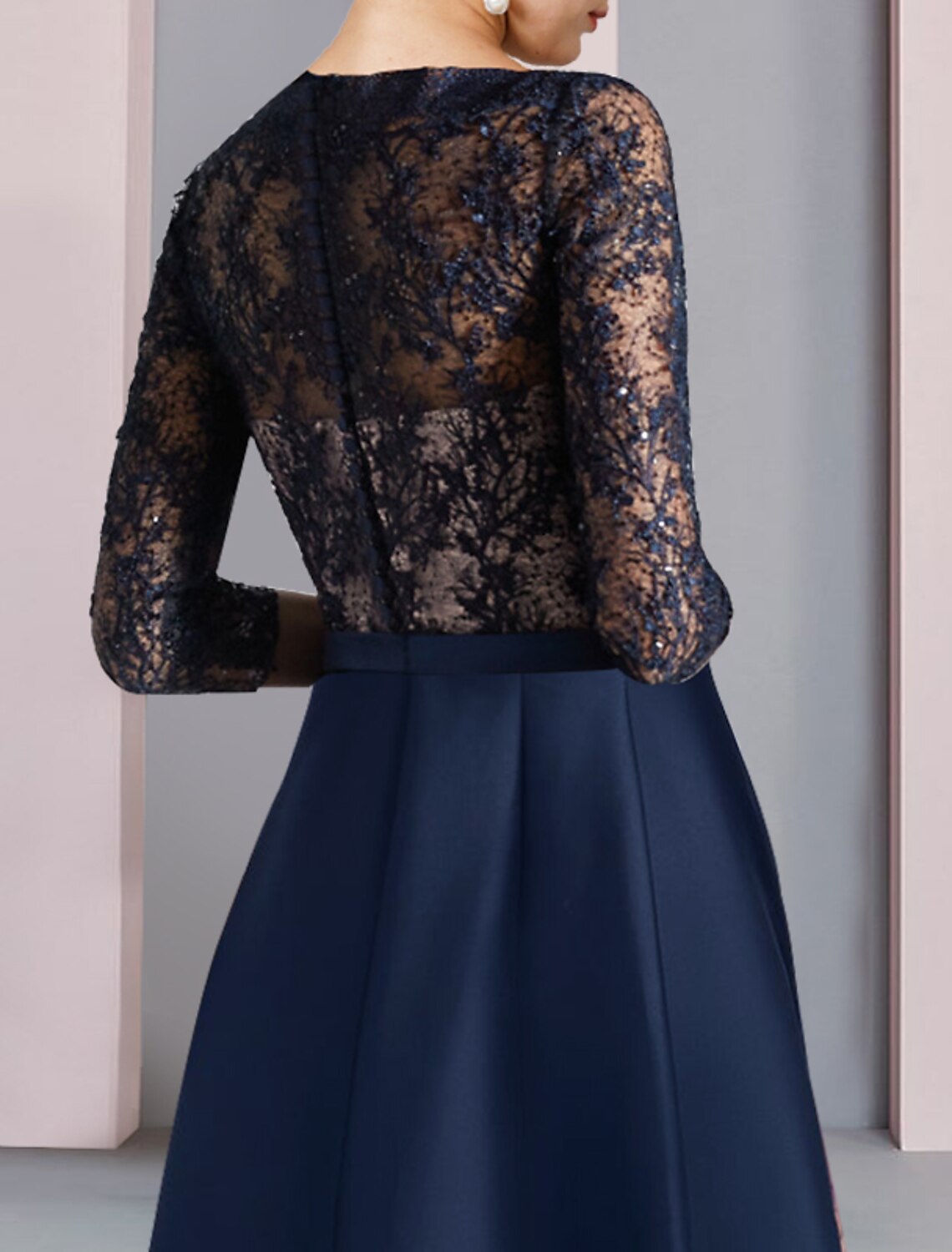 wholesale  A-Line Mother of the Bride Dress Wedding Guest Elegant High Low V Neck Asymmetrical Tea Length Satin Lace Half Sleeve with Bow(s) Color Block