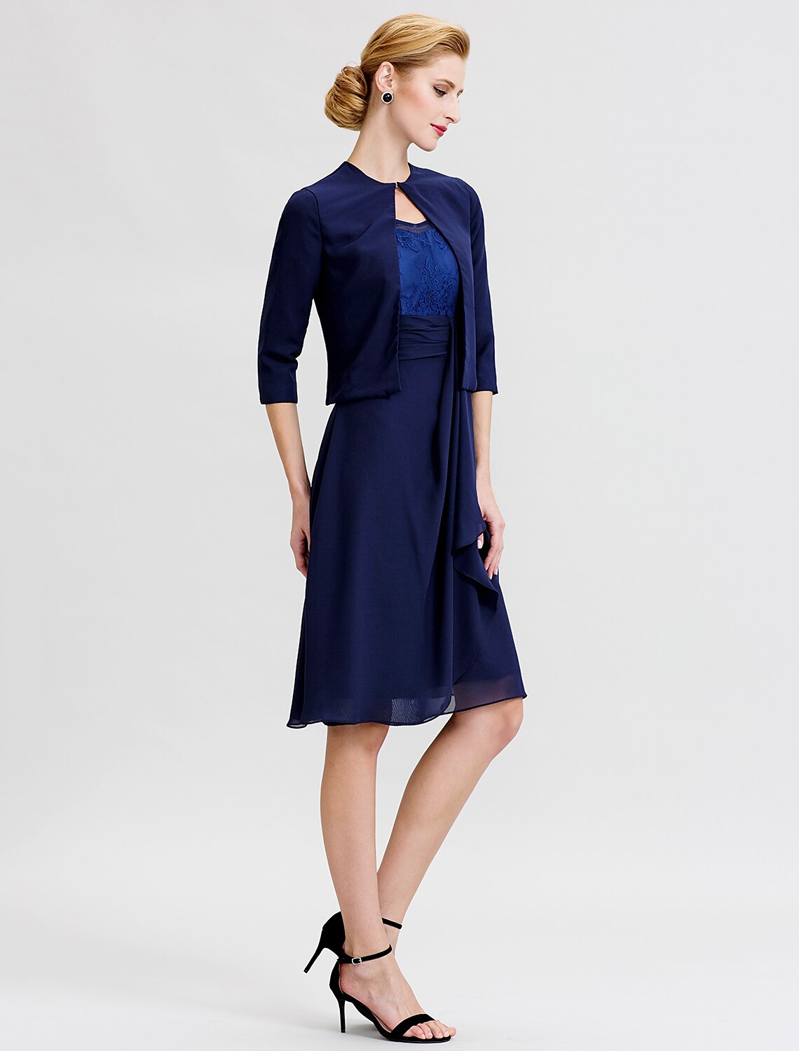 wholesale  A-Line / Two Piece Jewel Neck Knee Length Chiffon / Corded Lace Mother of the Bride Dress with Sash