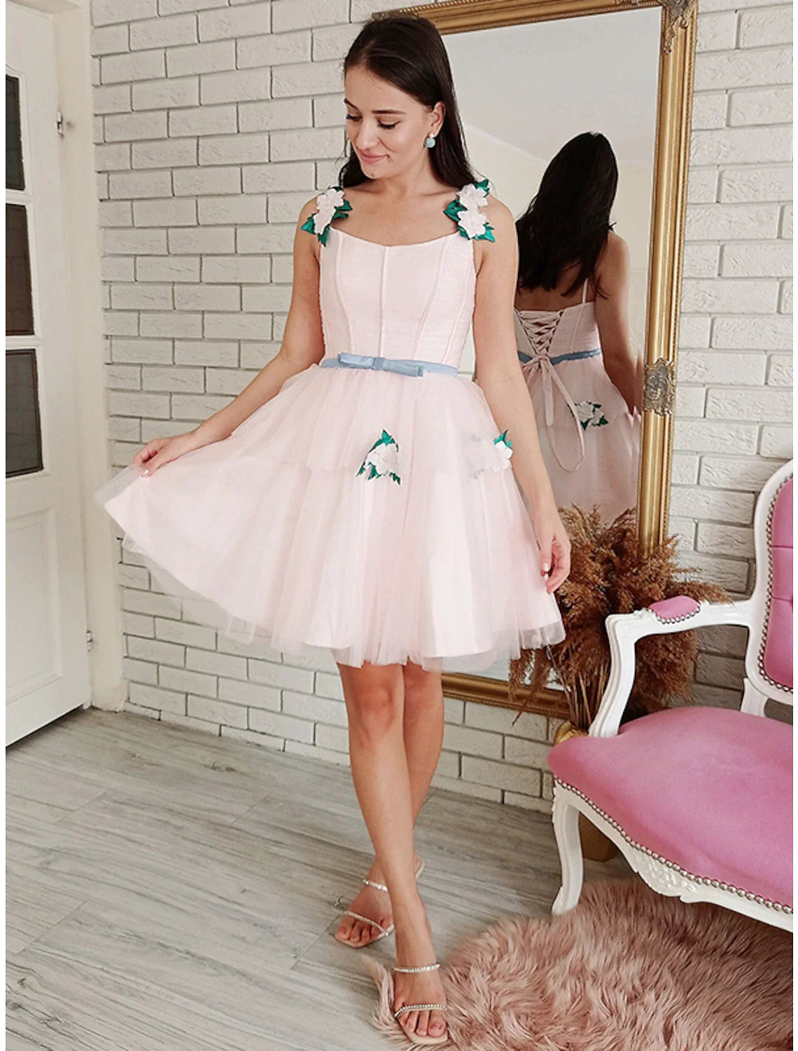 Wholesa A-Line Prom Dresses Floral Dress Party Wear Short / Mini Sleeveless Strapless Wednesday Addams Family Lace Backless with Appliques