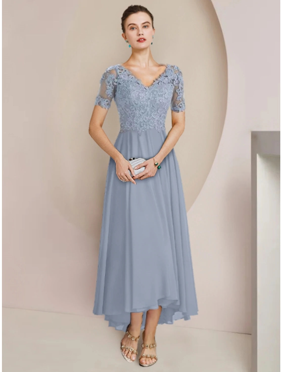 wholesale  Sheath / Column Mother of the Bride Dress Wedding Guest Vintage Elegant V Neck Asymmetrical Ankle Length Chiffon Lace Half Sleeve with Pleats Solid Color