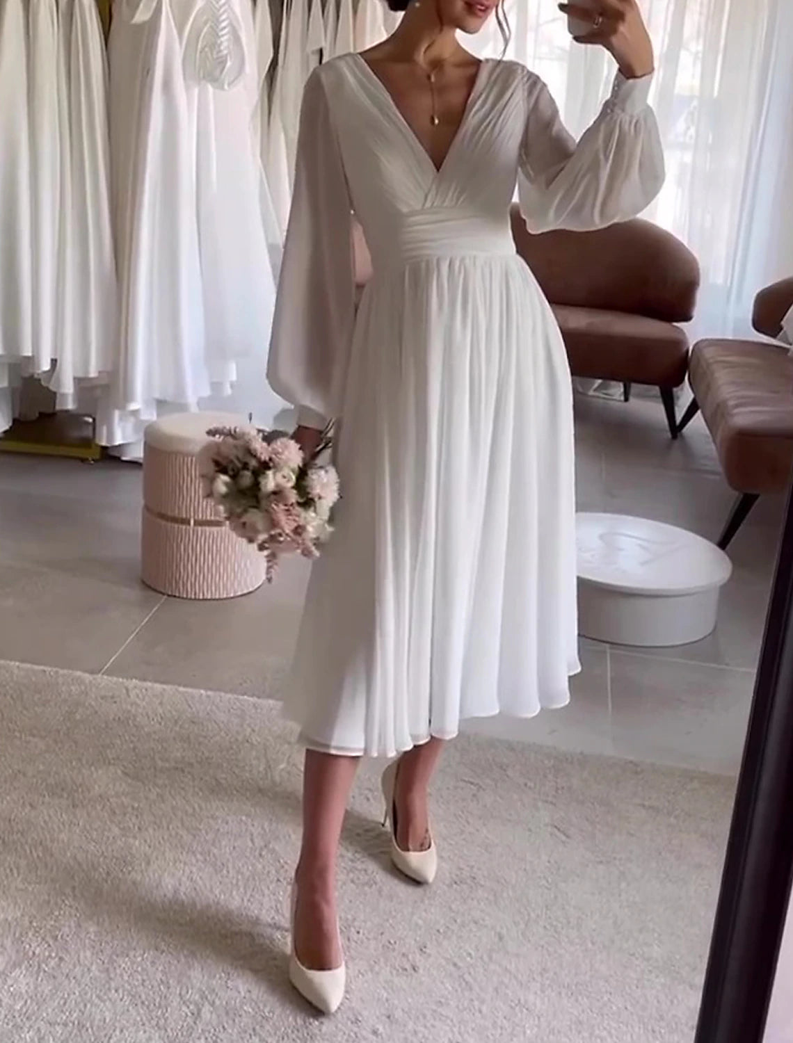Wholesa  Little White Dresses Wedding Dresses A-Line V Neck Long Sleeve Tea Length Chiffon Bridal Gowns With Pleats Solid Color