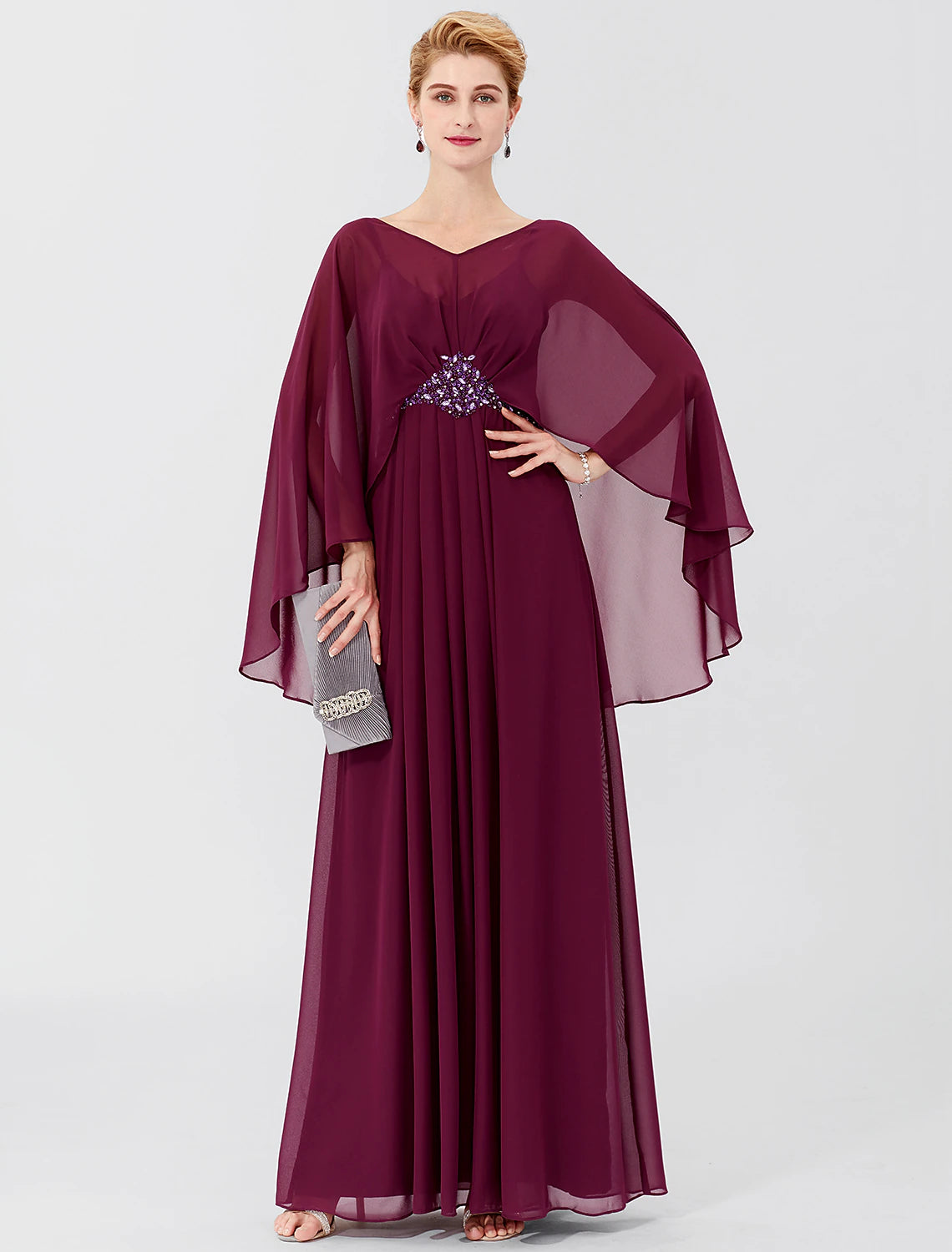 wholesale  Sheath / Column Mother of the Bride Dress Formal Classic & Timeless Elegant & Luxurious Elegant V Neck Floor Length Chiffon Long Sleeve with Pleats Beading