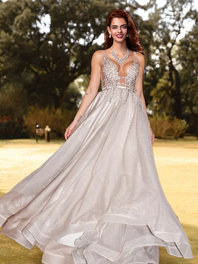 Wholesa A-Line Luxurious Sparkle & Shine Prom Formal Evening Dress V Neck Backless Sleeveless Sequined with Beading Sequin