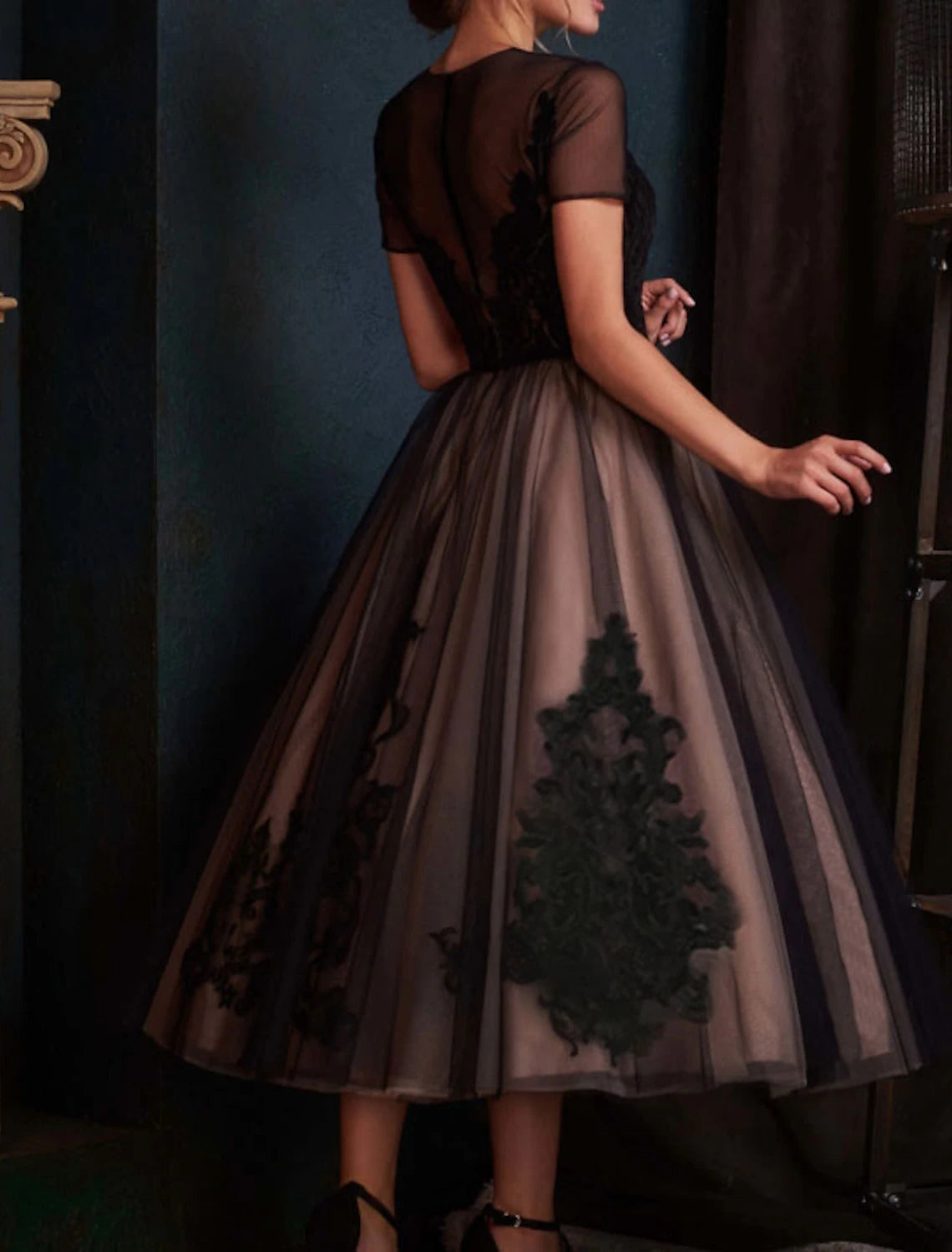 Wholesa A-Line Evening Gown Black Dress Vintage Halloween Wedding Party Ankle Length Short Sleeve Illusion Neck Wednesday Addams Family Lace with Pleats Embroidery