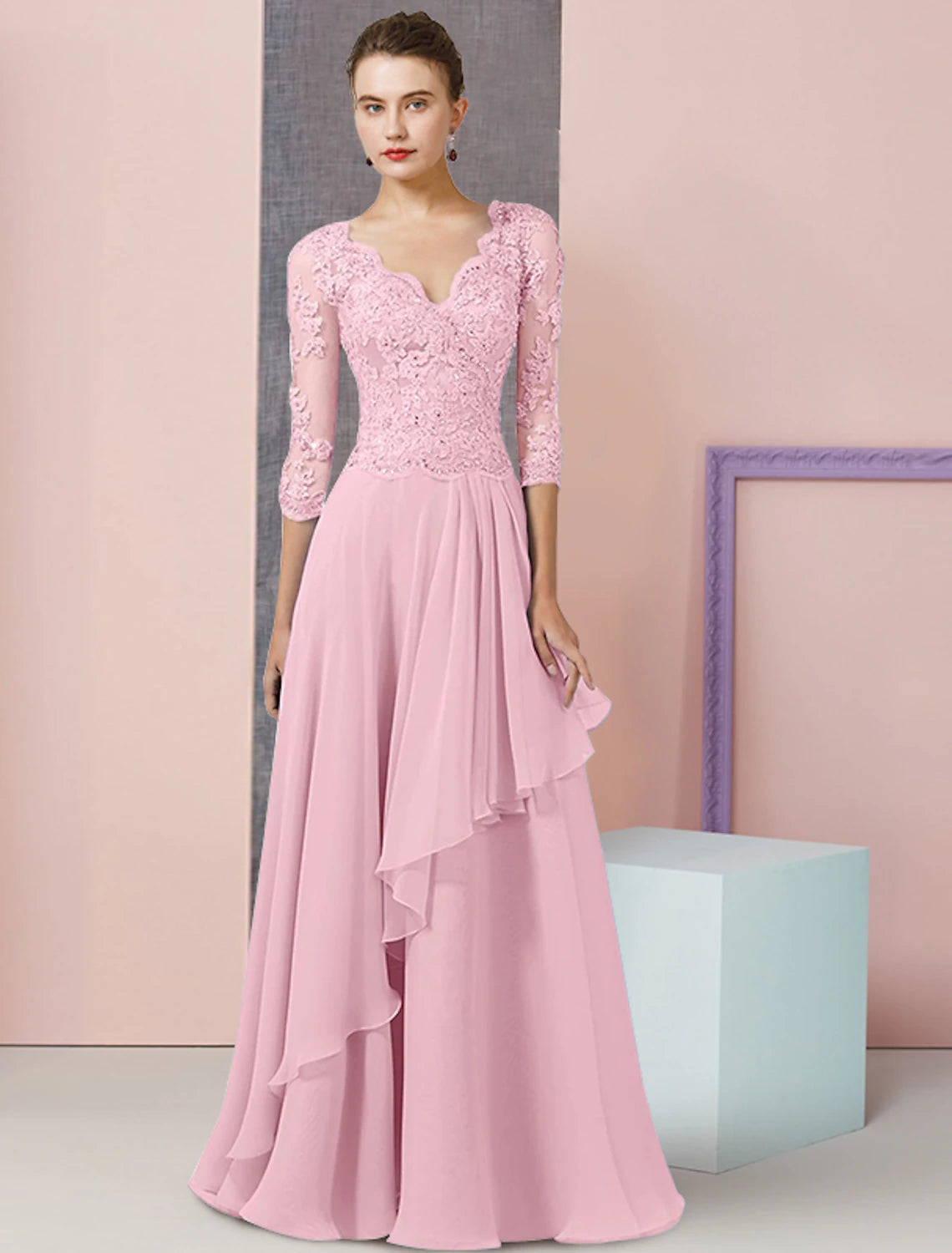 wholesale   Two Piece A-Line Mother of the Bride Dress Formal Wedding Guest Party Elegant V Neck Floor Length Chiffon Lace Half Sleeve Wrap Included with Beading Sequin Appliques