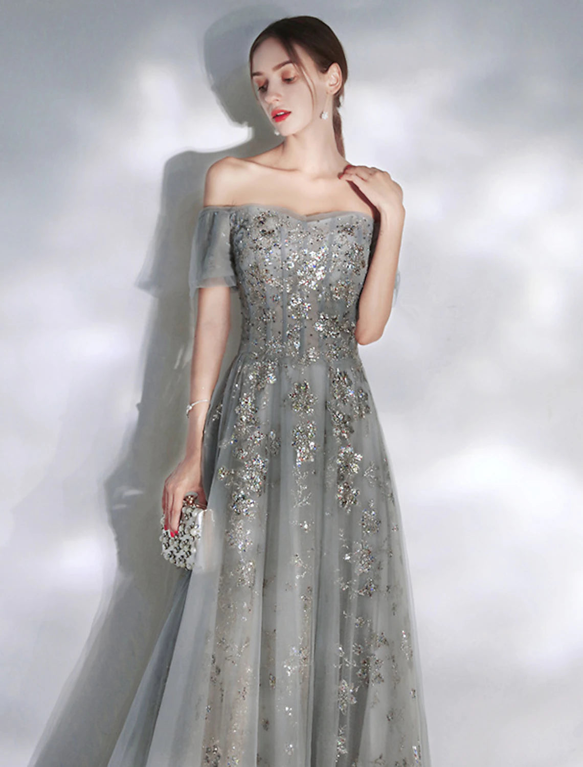 wholesa A-Line Evening Gown Glittering Dress Engagement Formal Evening Floor Length Short Sleeve Off Shoulder Spandex with Sequin Appliques