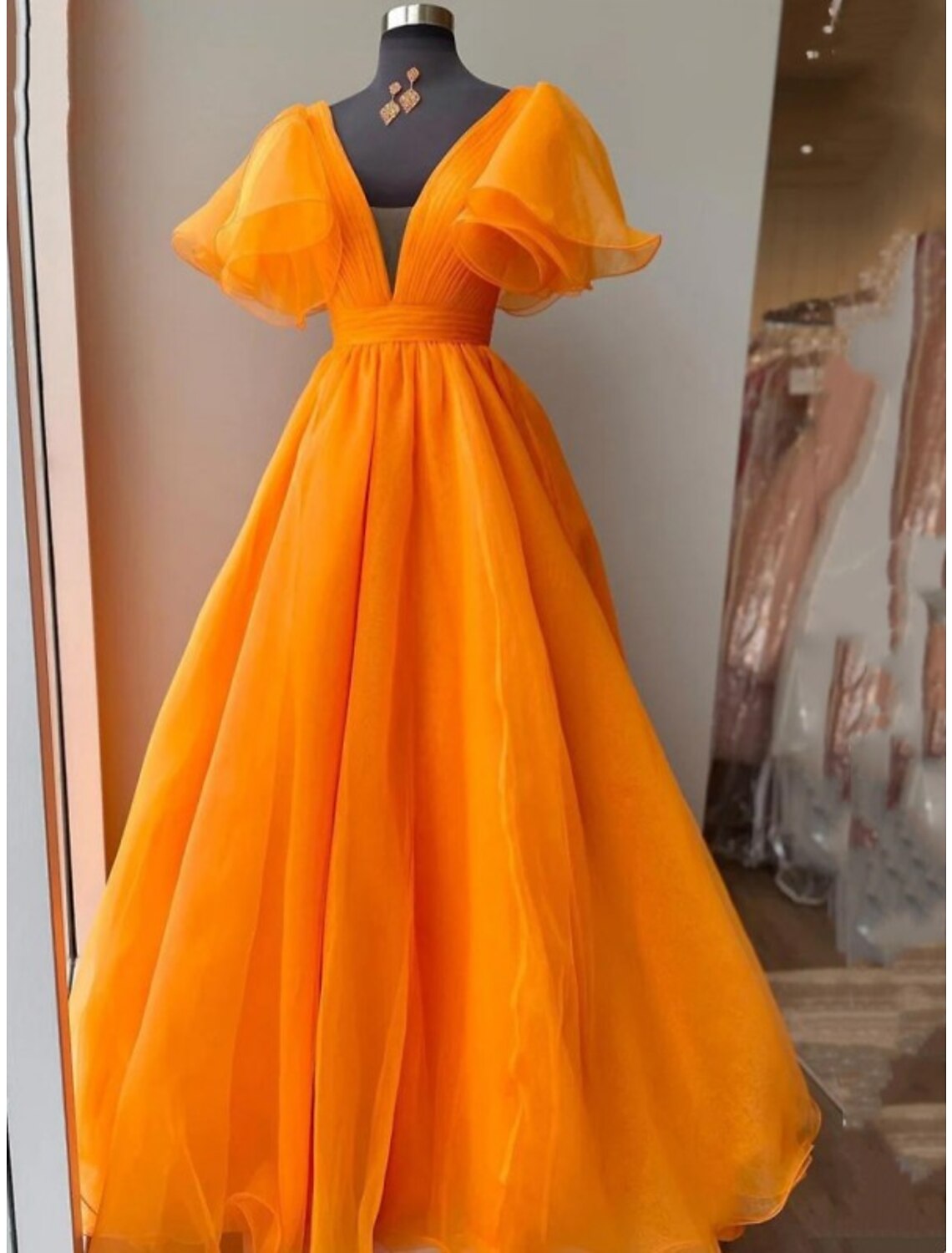 Wholesa  Ball Gown Evening Gown Celebrity Style Dress Wedding Party Dress Floor Length Short Sleeve V Neck Fall Wedding Guest Organza with Pleats Ruffles
